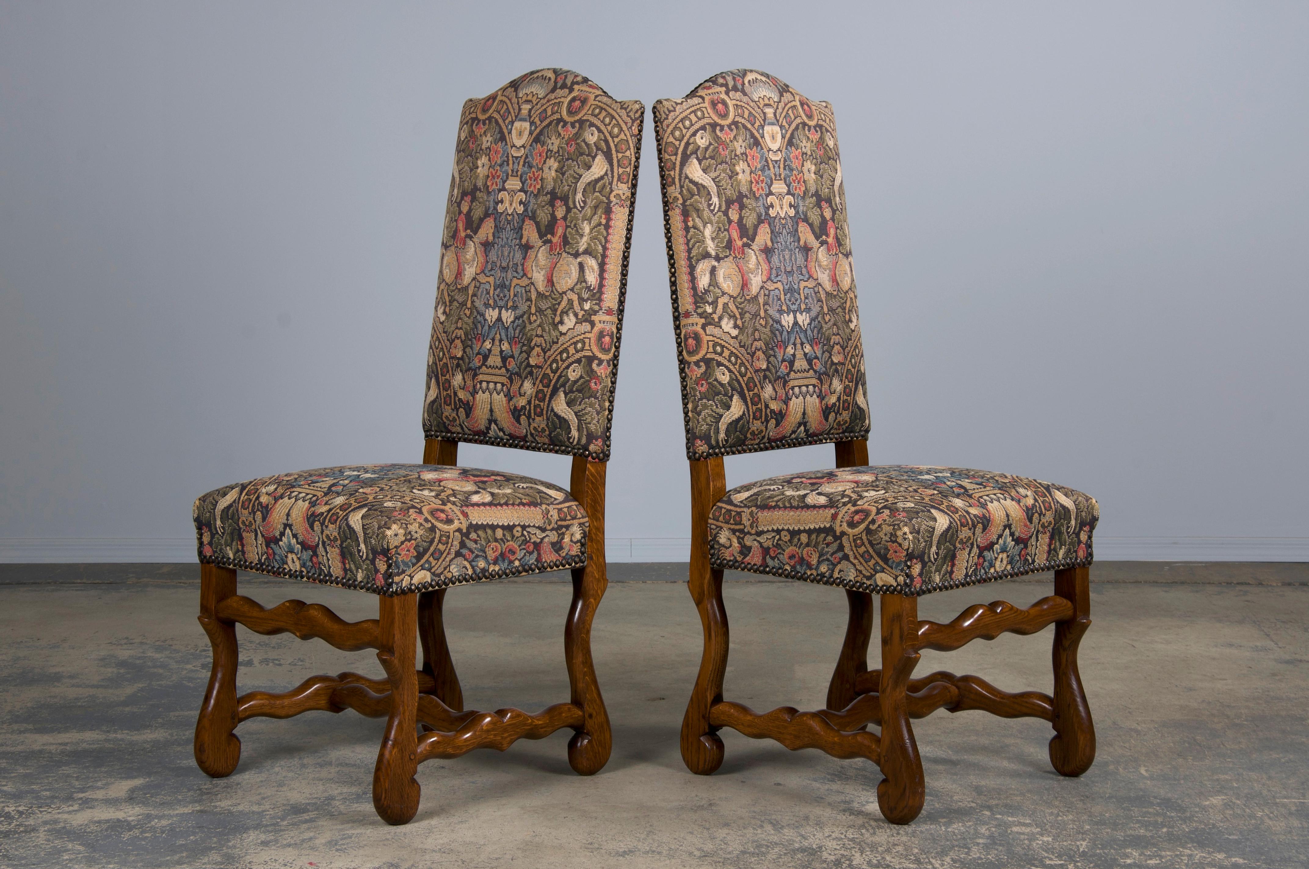 French Louis XIII Style Os De Mouton Oak Dining Chairs W/ Jacquard - Set of 8 11