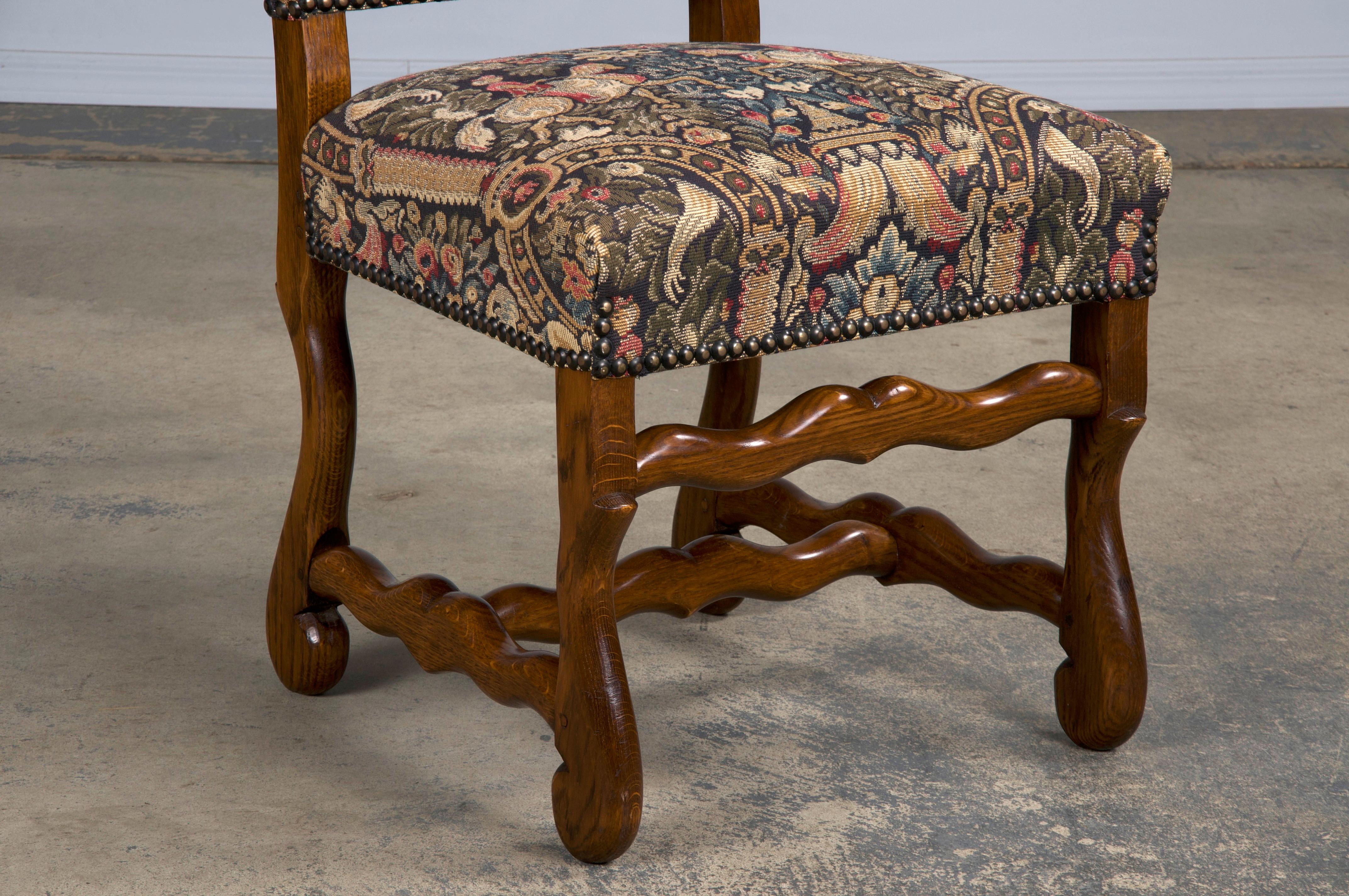French Louis XIII Style Os De Mouton Oak Dining Chairs W/ Jacquard - Set of 8 12