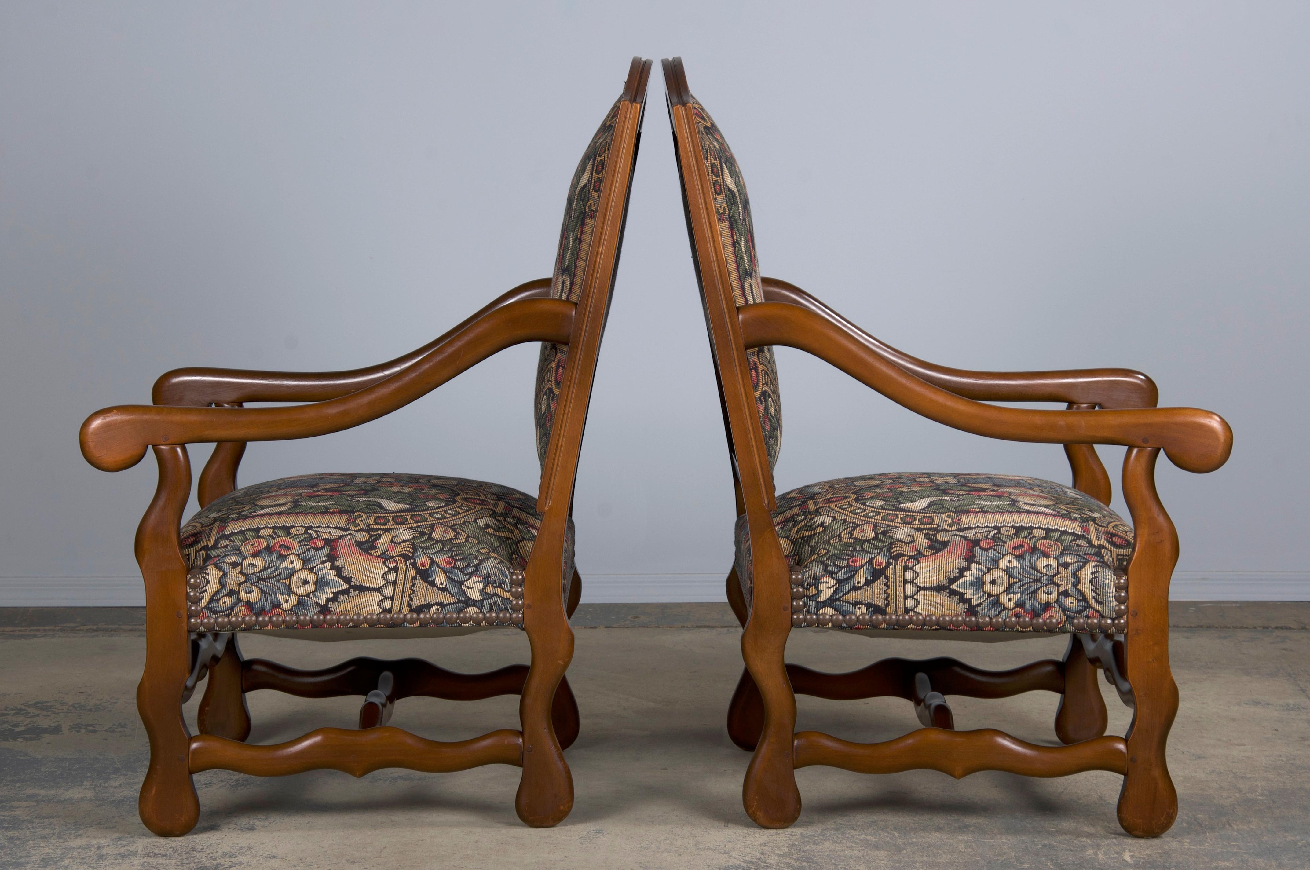 French Louis XIII Style Os De Mouton Oak Dining Chairs W/ Jacquard - Set of 8 13