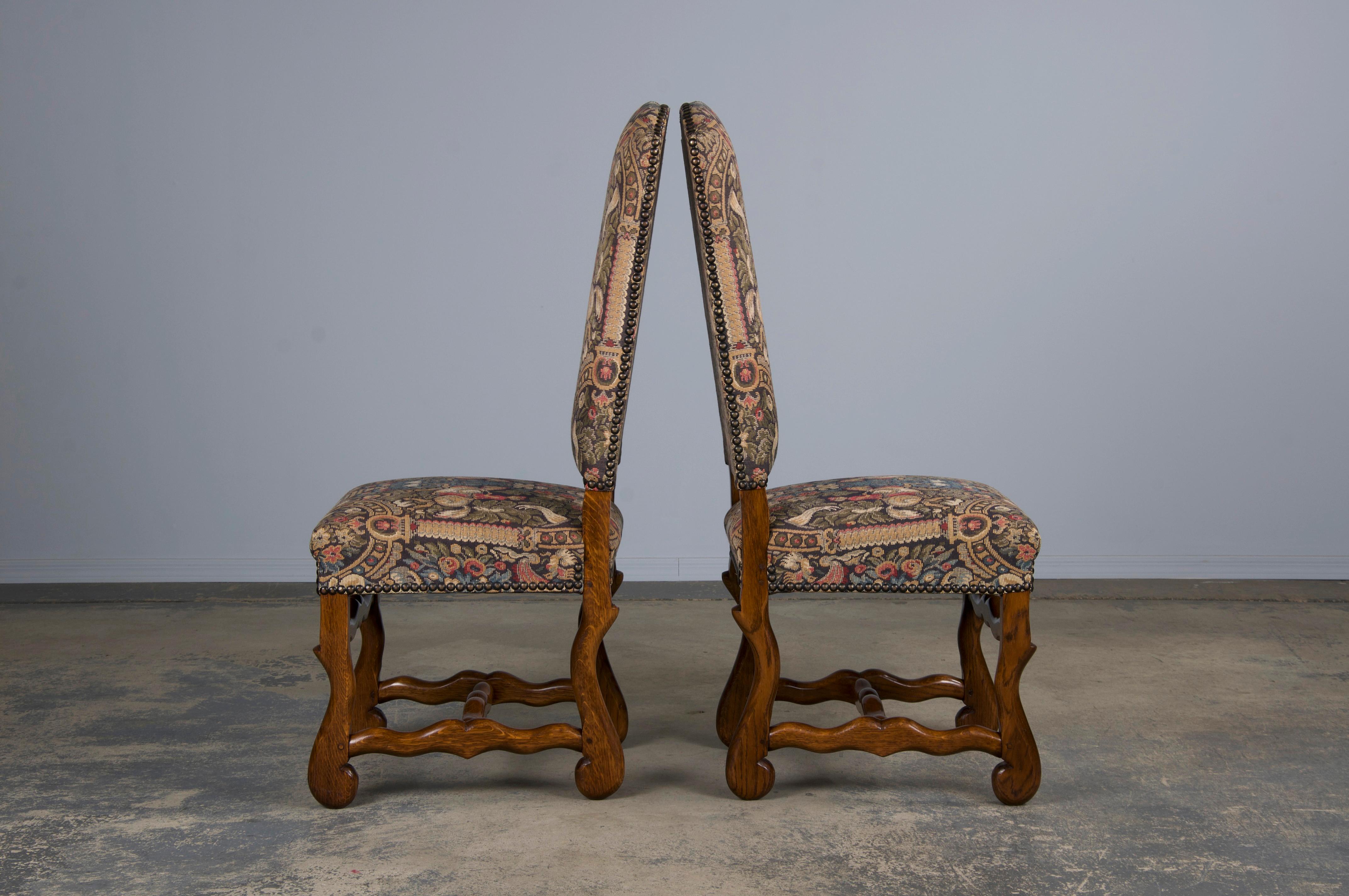French Louis XIII Style Os De Mouton Oak Dining Chairs W/ Jacquard - Set of 8 14
