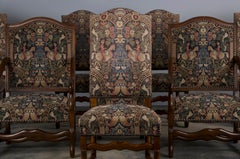French Louis XIII Style Os De Mouton Oak Dining Chairs W/ Jacquard - Set of 8