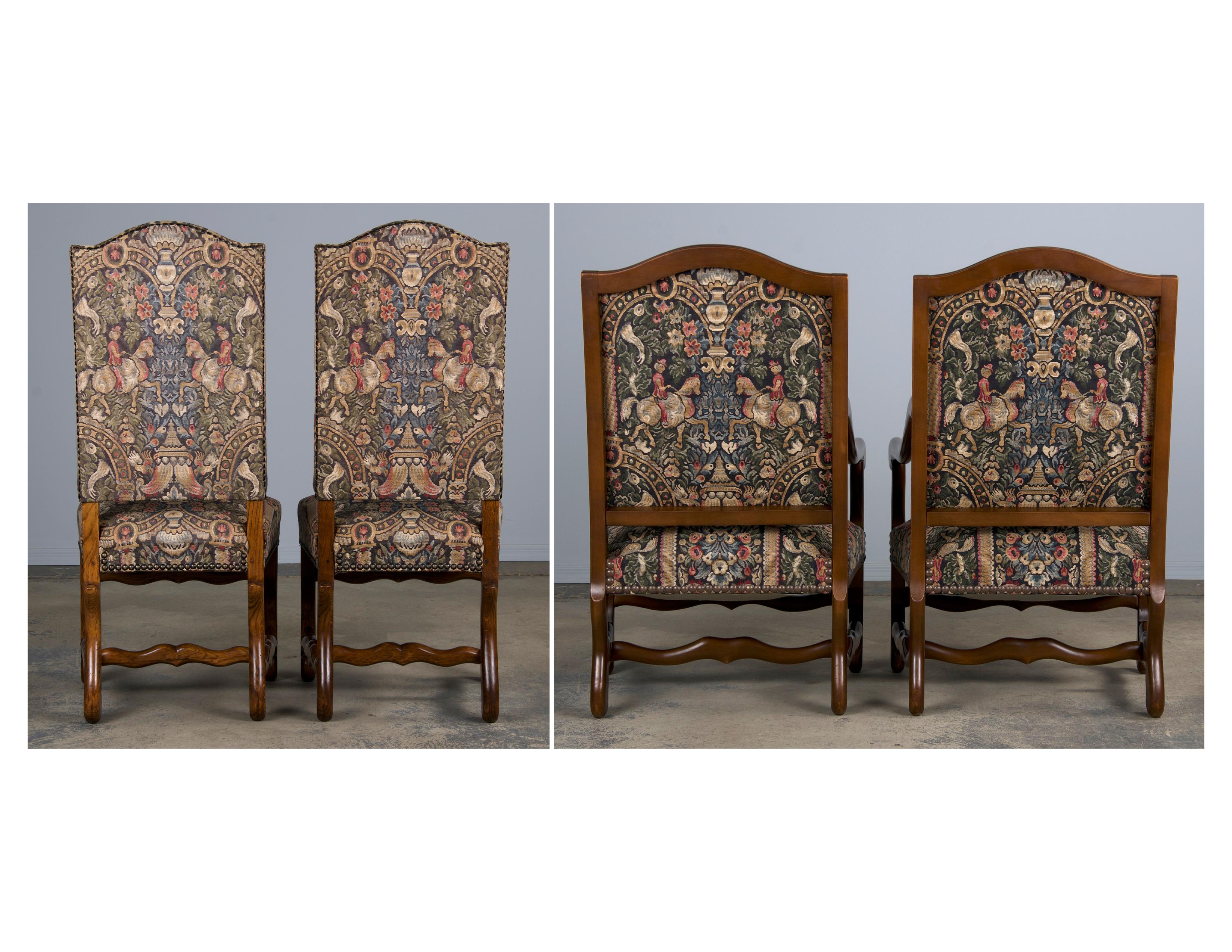 French Louis XIII Style Os De Mouton Oak Dining Chairs W/ Jacquard - Set of 8 15