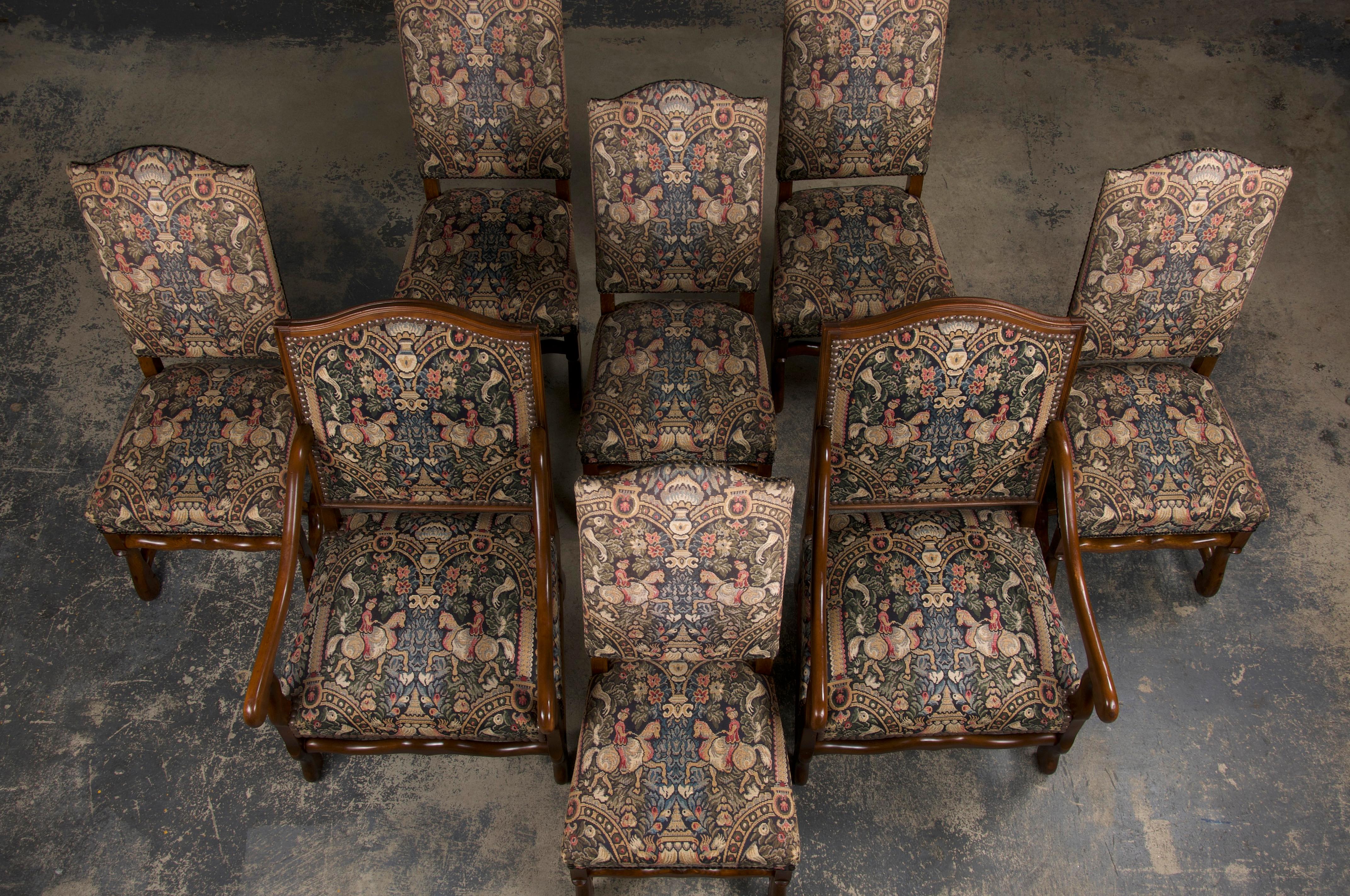 Hand-Crafted French Louis XIII Style Os De Mouton Oak Dining Chairs W/ Jacquard - Set of 8