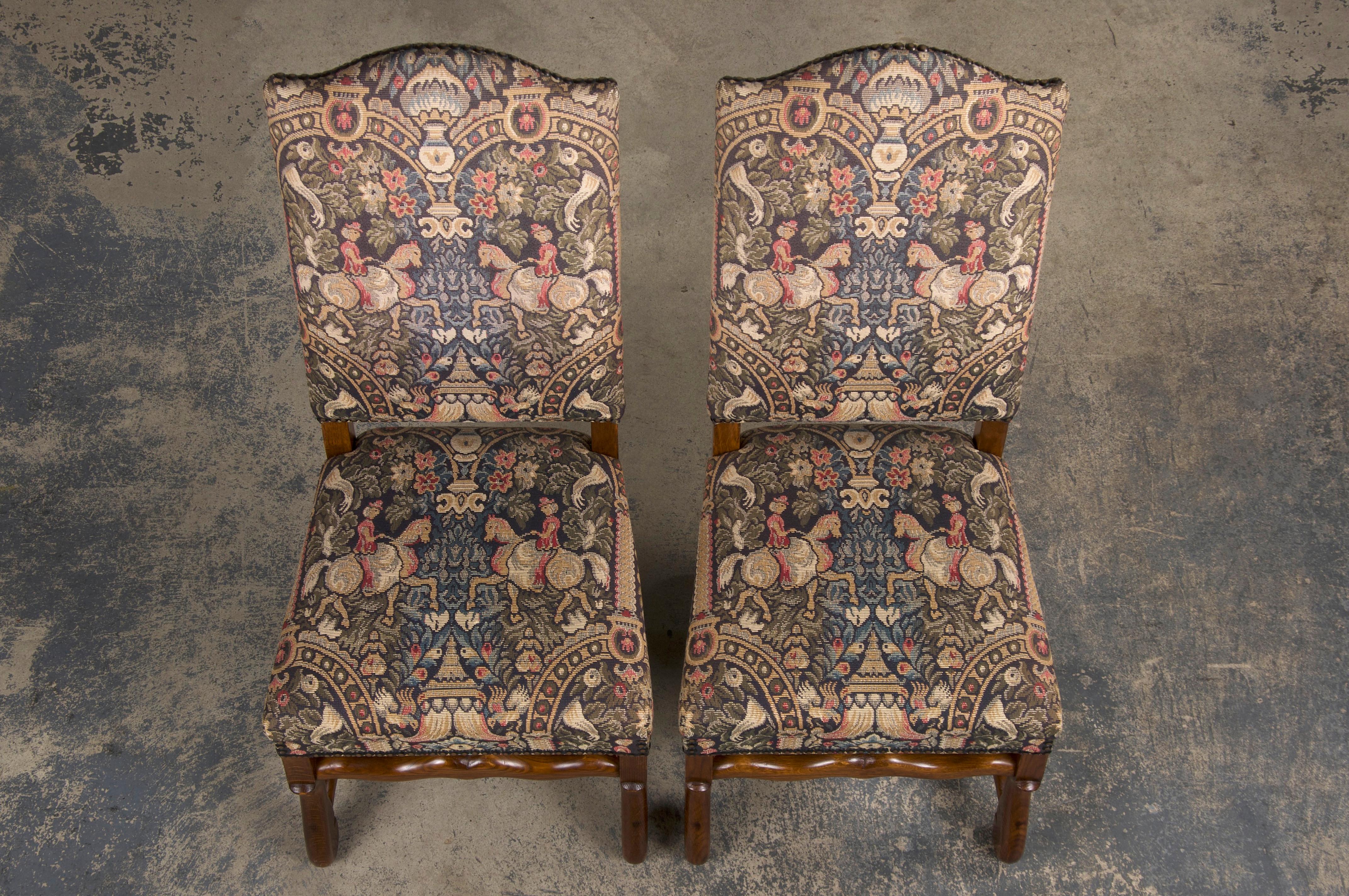 French Louis XIII Style Os De Mouton Oak Dining Chairs W/ Jacquard - Set of 8 In Good Condition In Astoria, NY