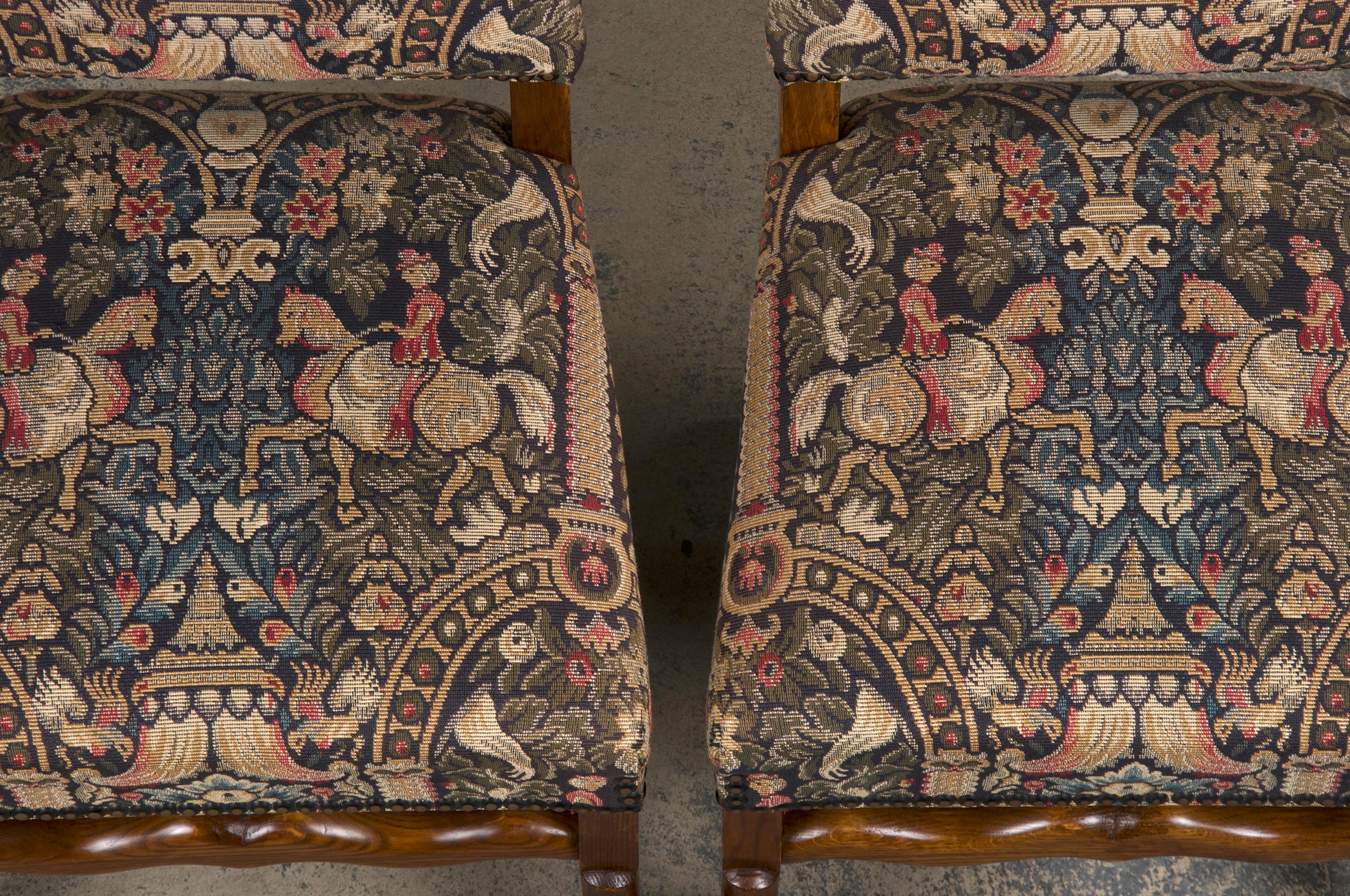 20th Century French Louis XIII Style Os De Mouton Oak Dining Chairs W/ Jacquard - Set of 8