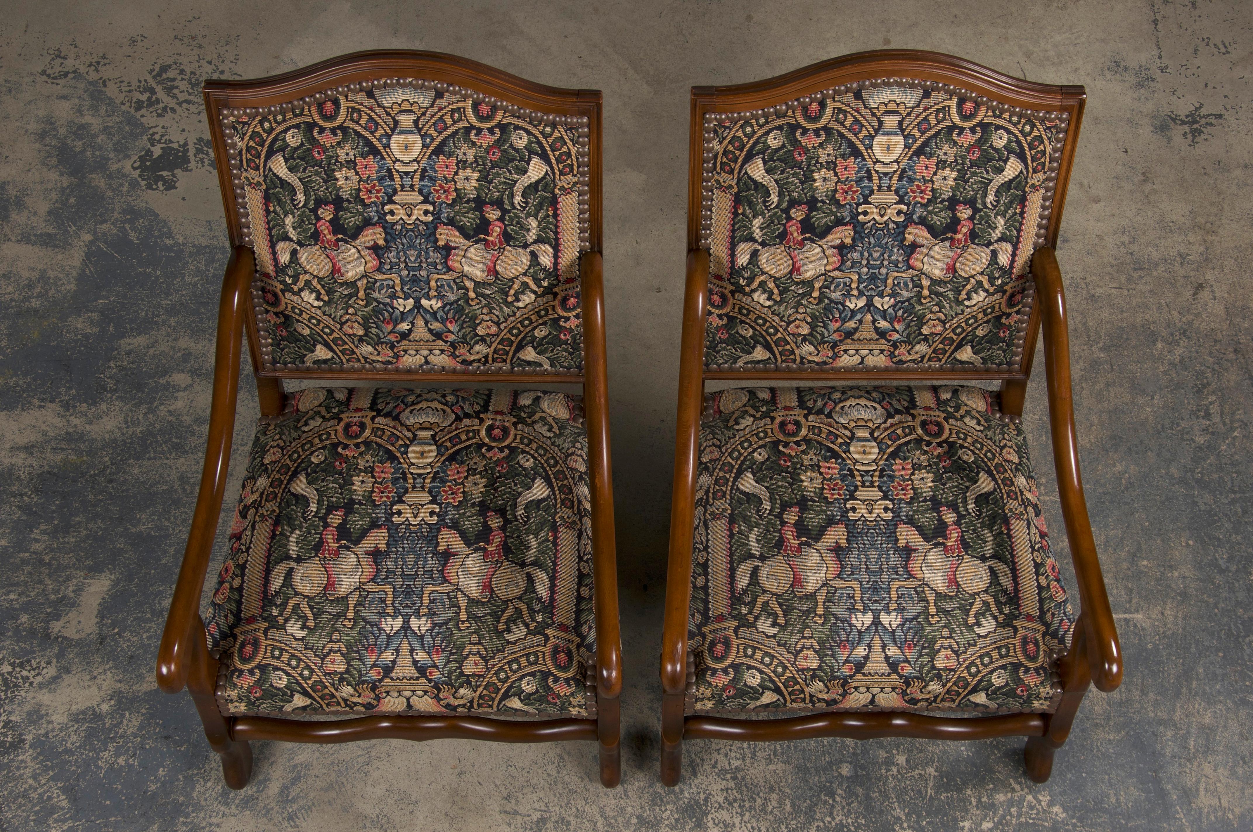 French Louis XIII Style Os De Mouton Oak Dining Chairs W/ Jacquard - Set of 8 1