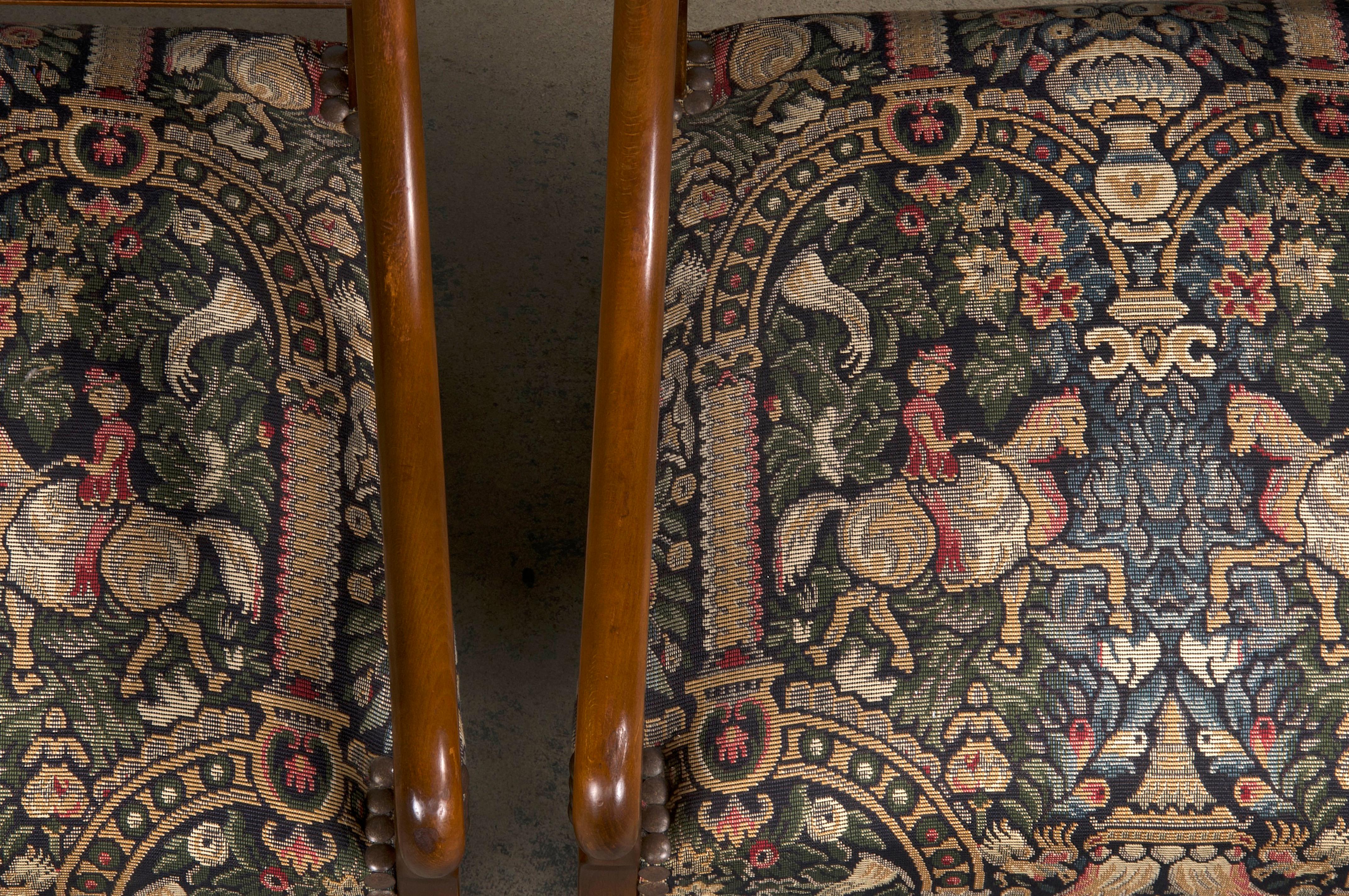 French Louis XIII Style Os De Mouton Oak Dining Chairs W/ Jacquard - Set of 8 2