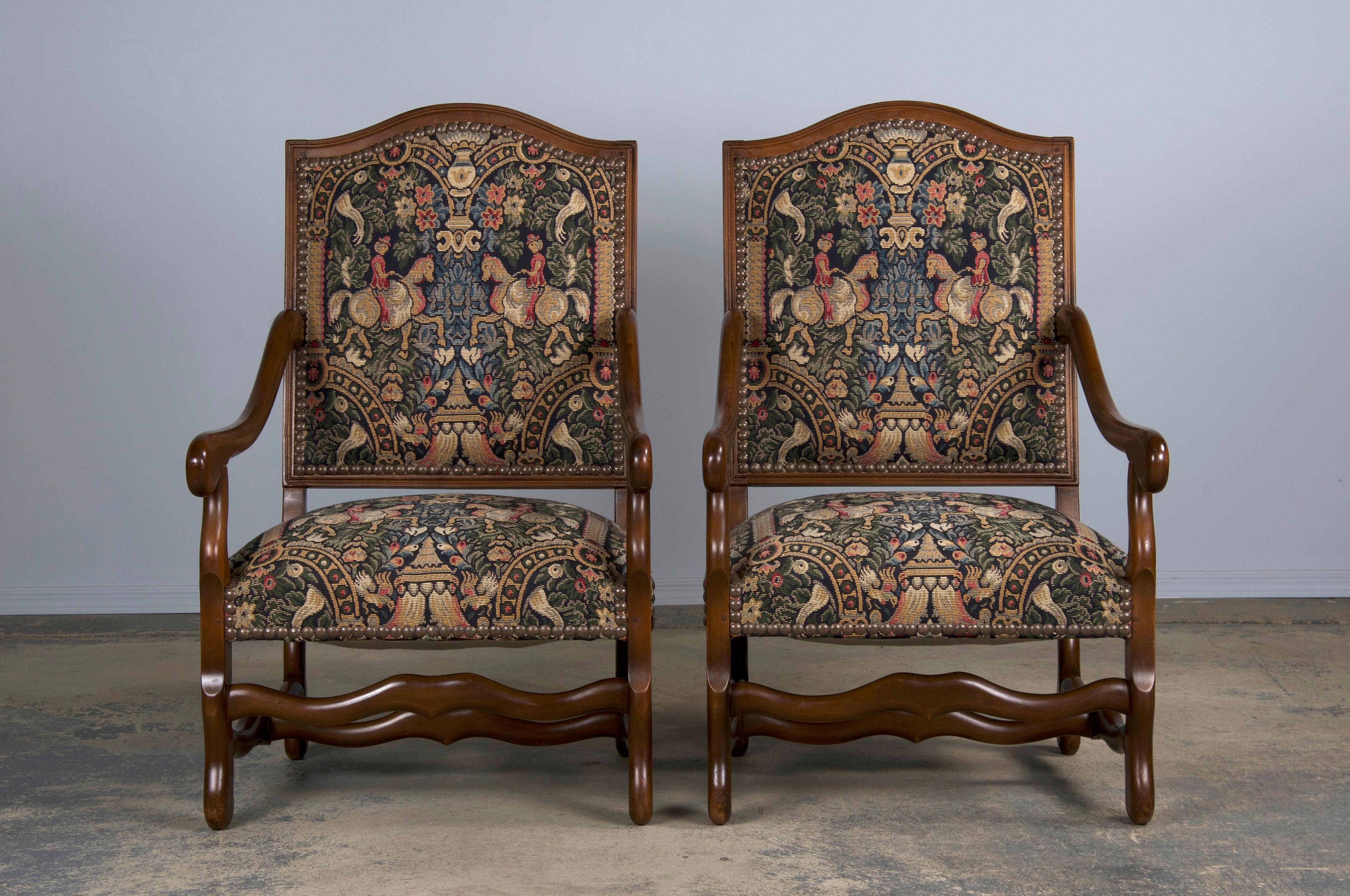 French Louis XIII Style Os De Mouton Oak Dining Chairs W/ Jacquard - Set of 8 3
