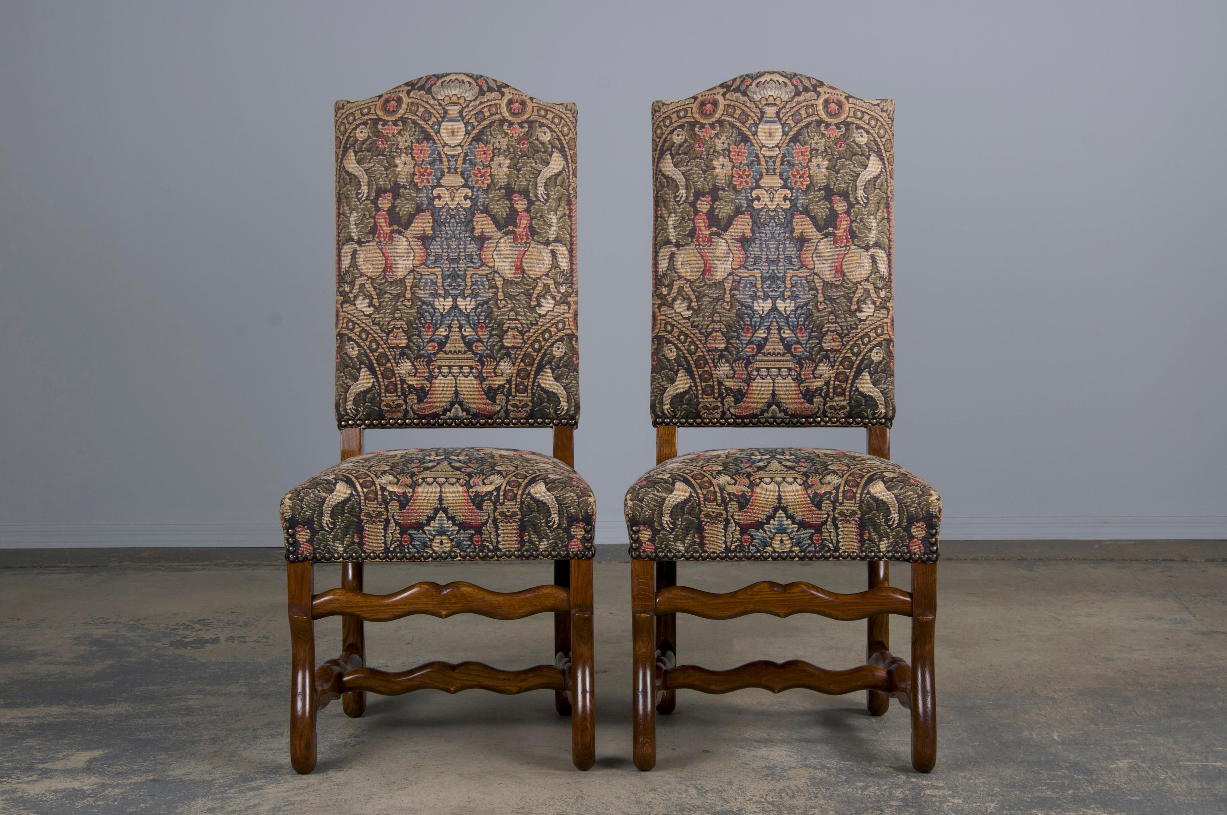 French Louis XIII Style Os De Mouton Oak Dining Chairs W/ Jacquard - Set of 8 4