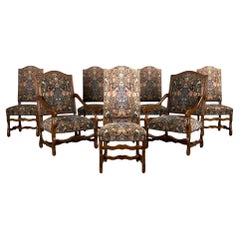 French Louis XIII Style Os De Mouton Oak Dining Chairs W/ Jacquard - Set of 8