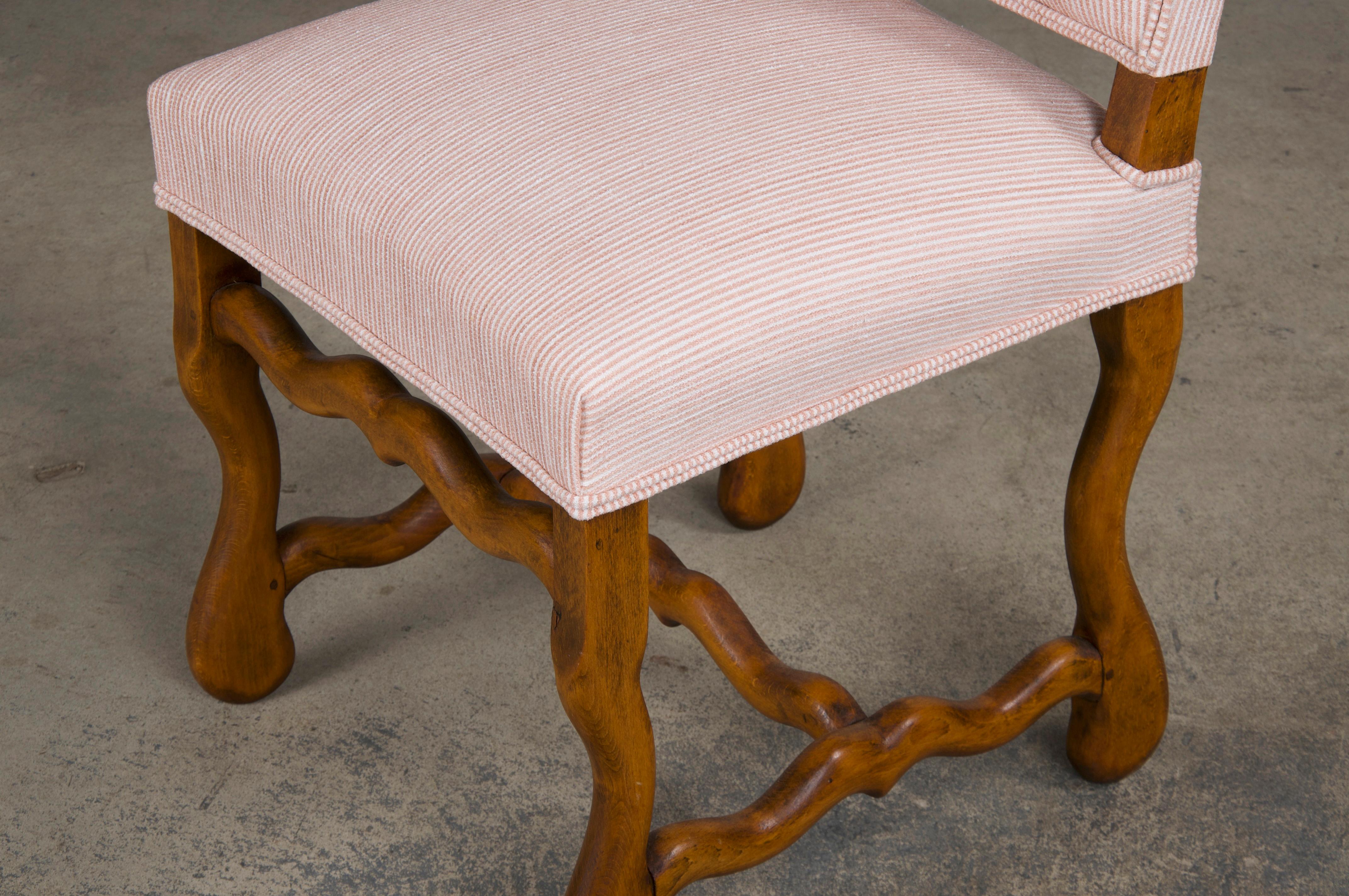 Antique French Louis XIII Style Oak Dining Chairs W/ Striped Chenille- Set of 6 For Sale 5