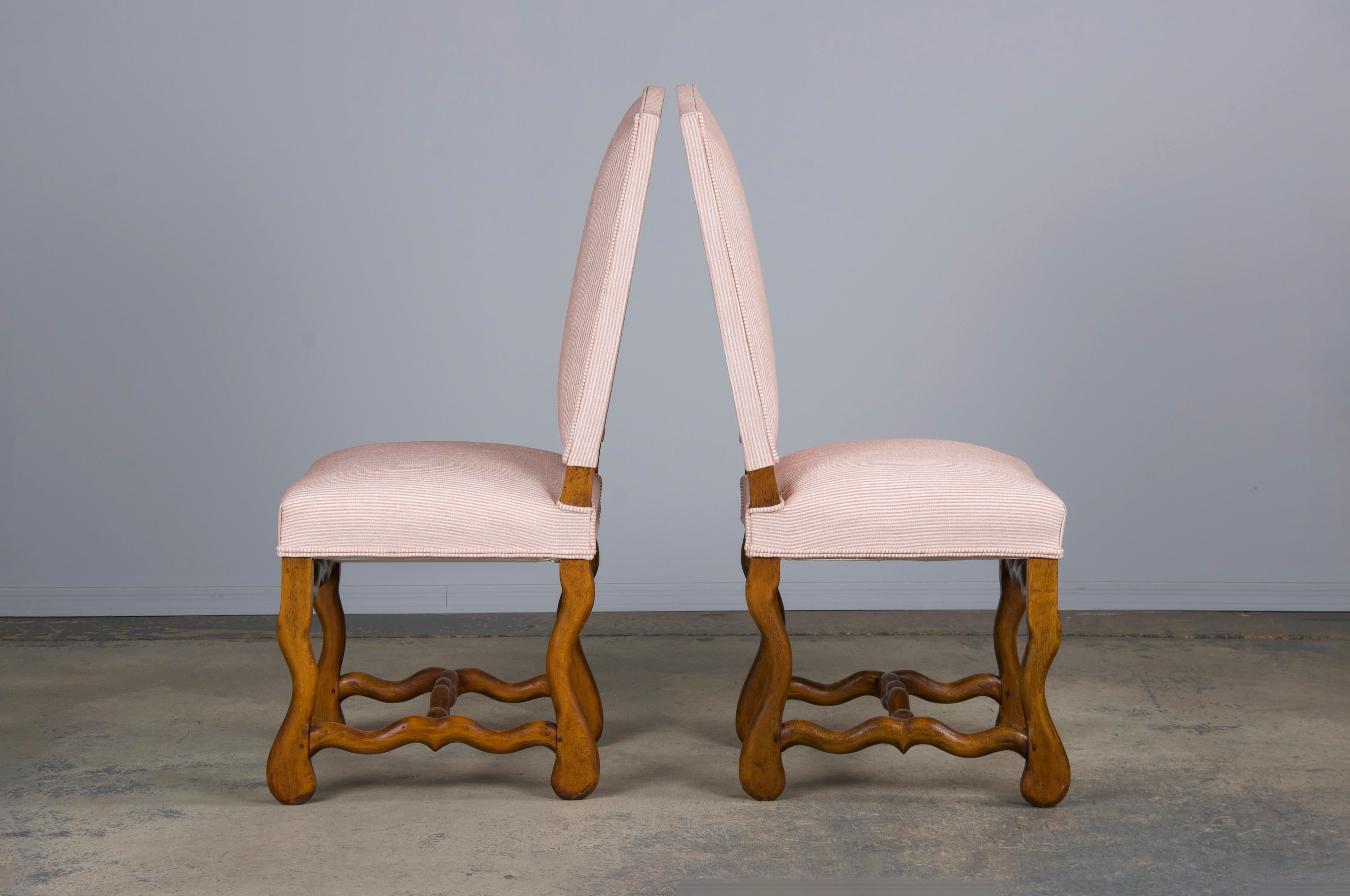 Antique French Louis XIII Style Oak Dining Chairs W/ Striped Chenille- Set of 6 For Sale 6