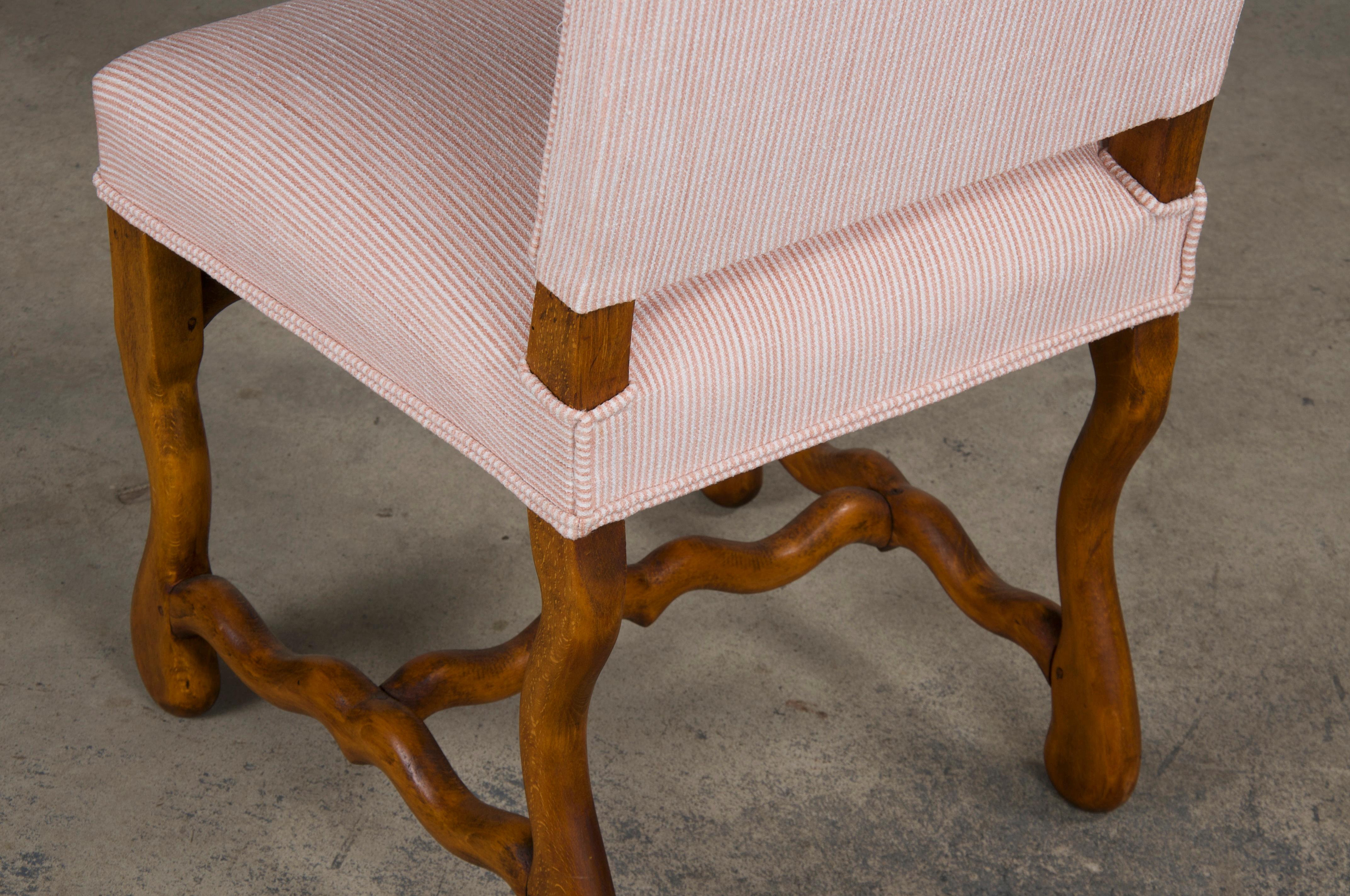 Antique French Louis XIII Style Oak Dining Chairs W/ Striped Chenille- Set of 6 For Sale 7