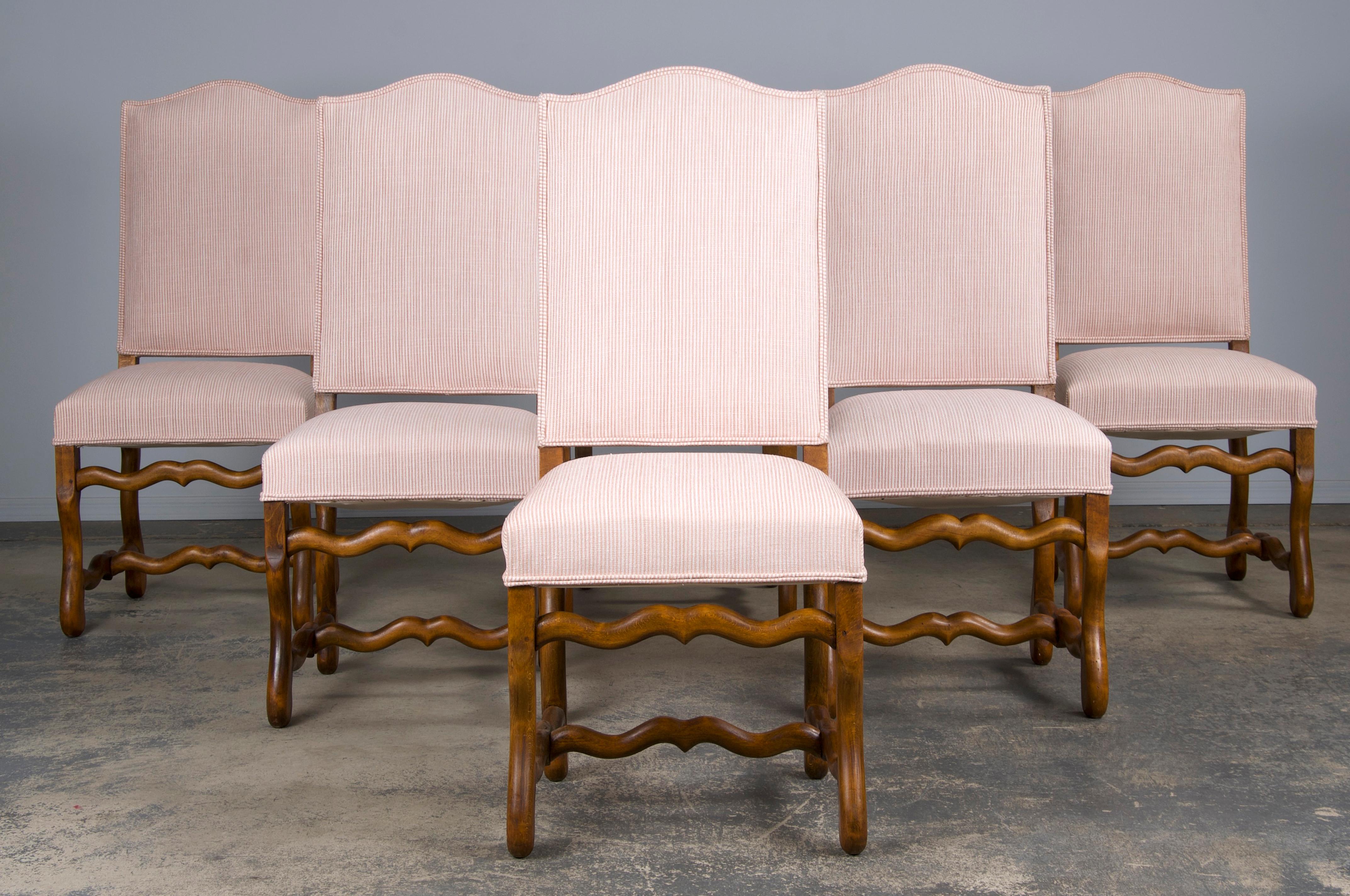 Antique French Louis XIII Style Oak Dining Chairs W/ Striped Chenille- Set of 6 For Sale 9