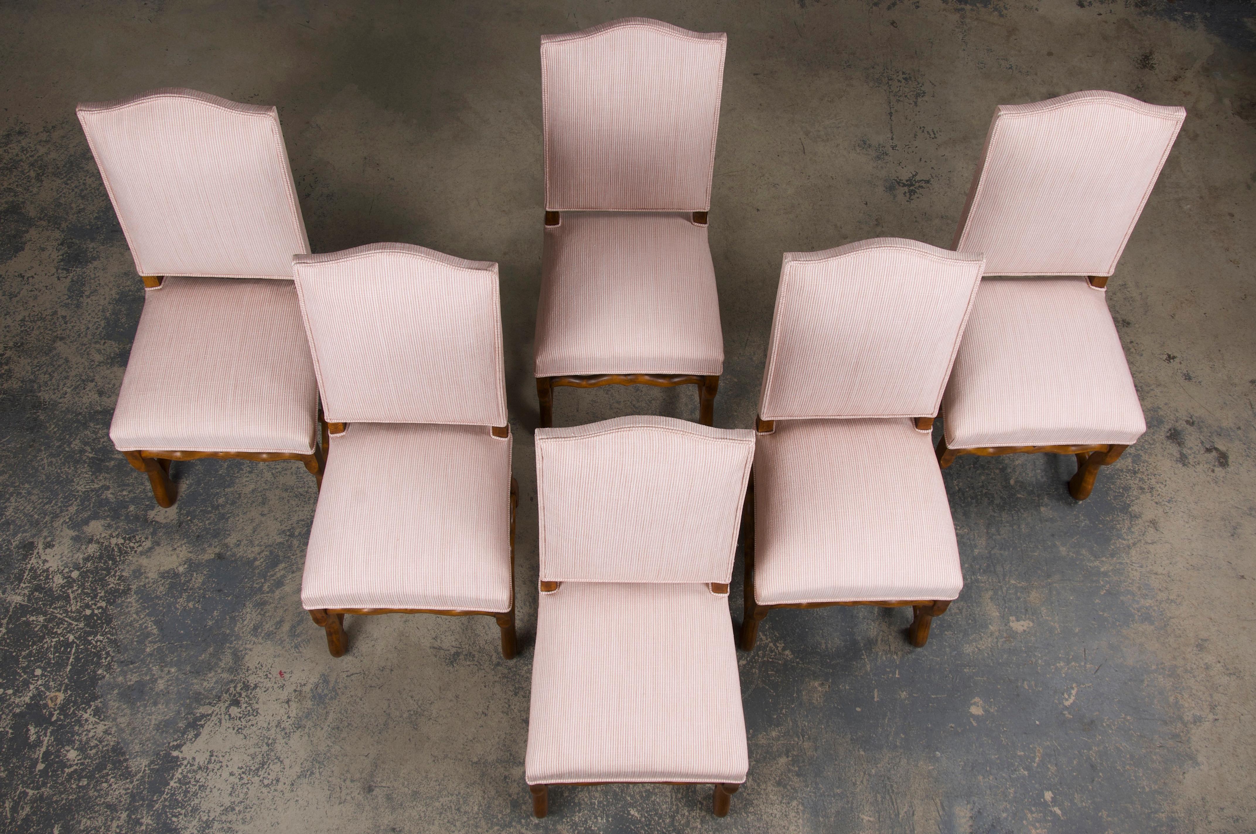 Hand-Crafted Antique French Louis XIII Style Oak Dining Chairs W/ Striped Chenille- Set of 6 For Sale