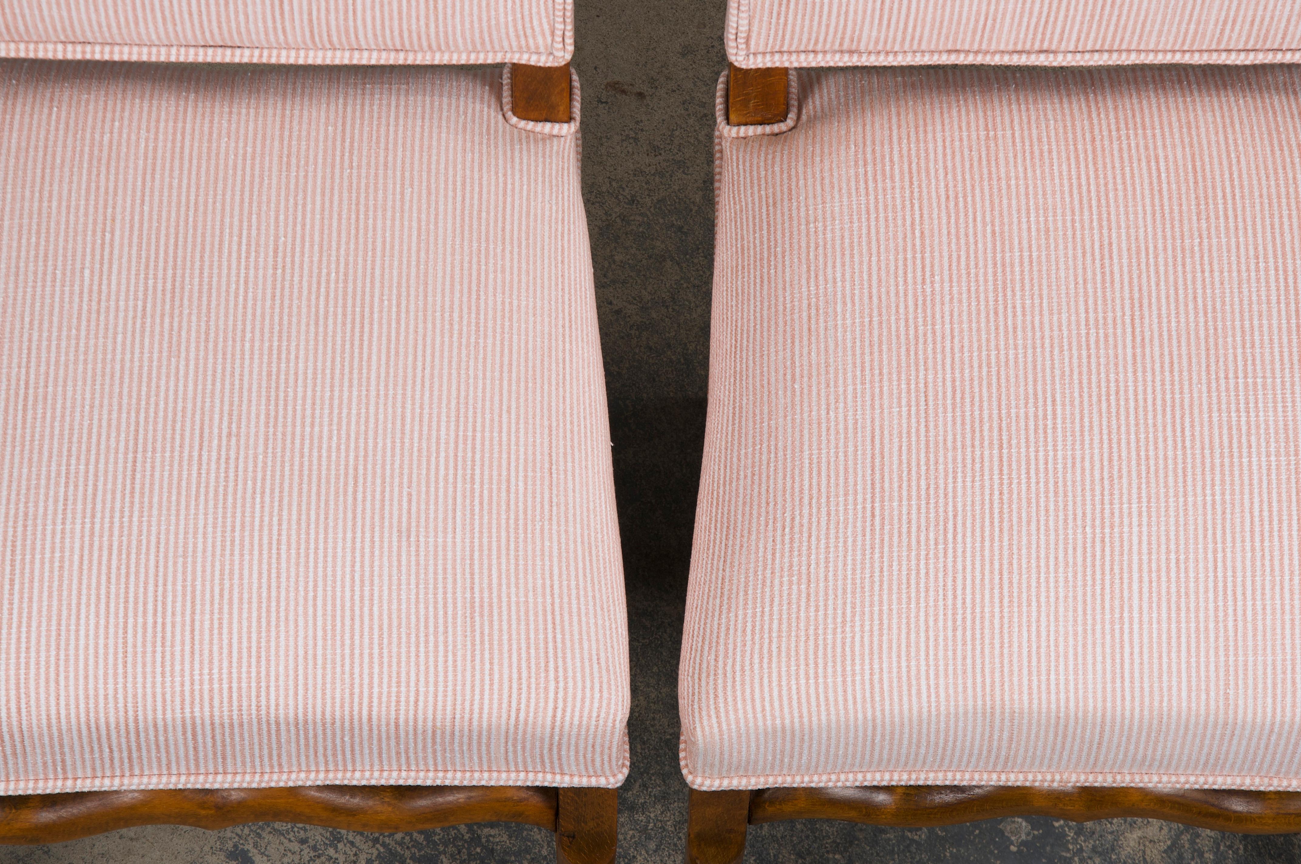 Antique French Louis XIII Style Oak Dining Chairs W/ Striped Chenille- Set of 6 In Good Condition For Sale In Astoria, NY