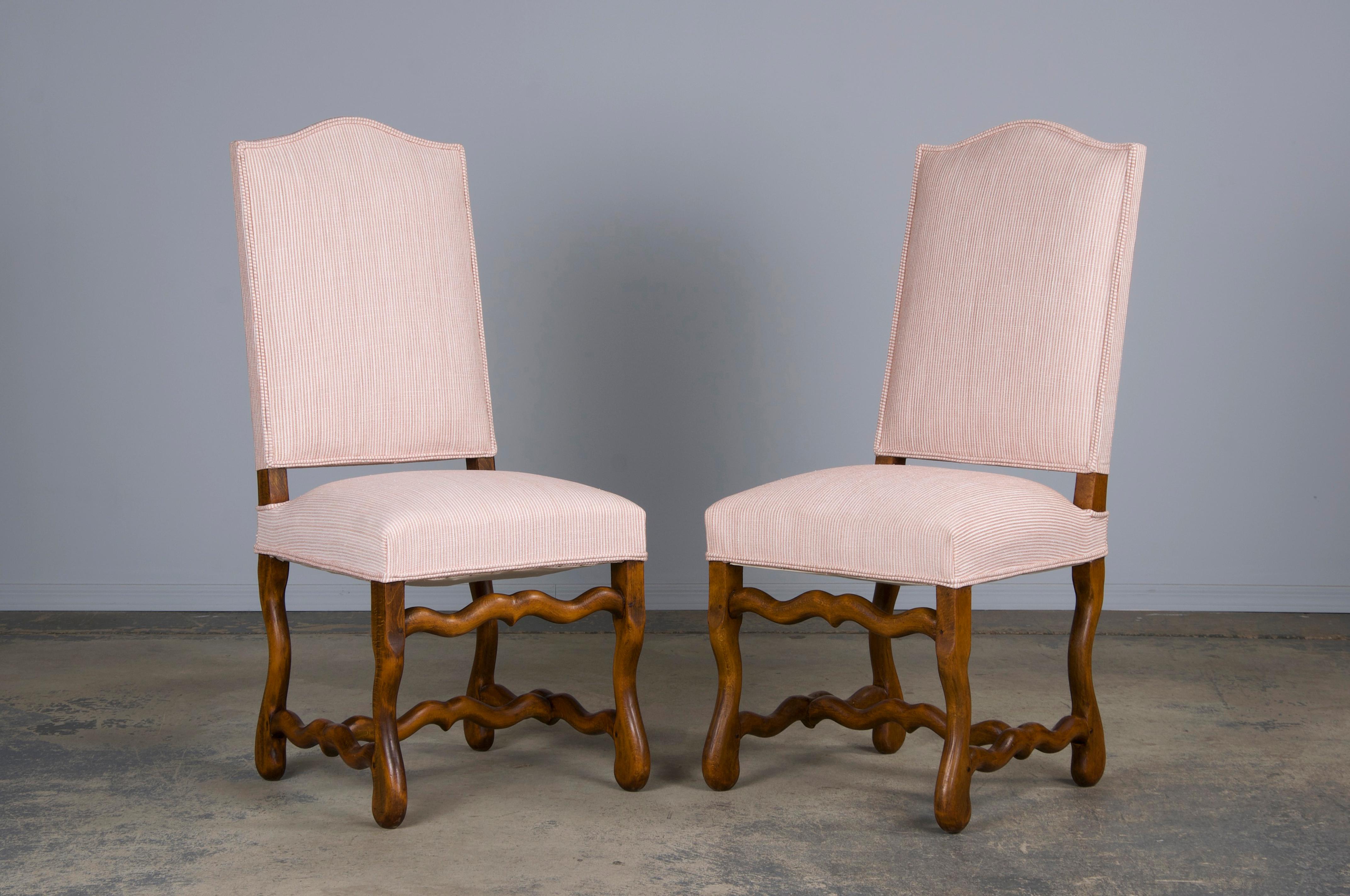 19th Century Antique French Louis XIII Style Oak Dining Chairs W/ Striped Chenille- Set of 6 For Sale