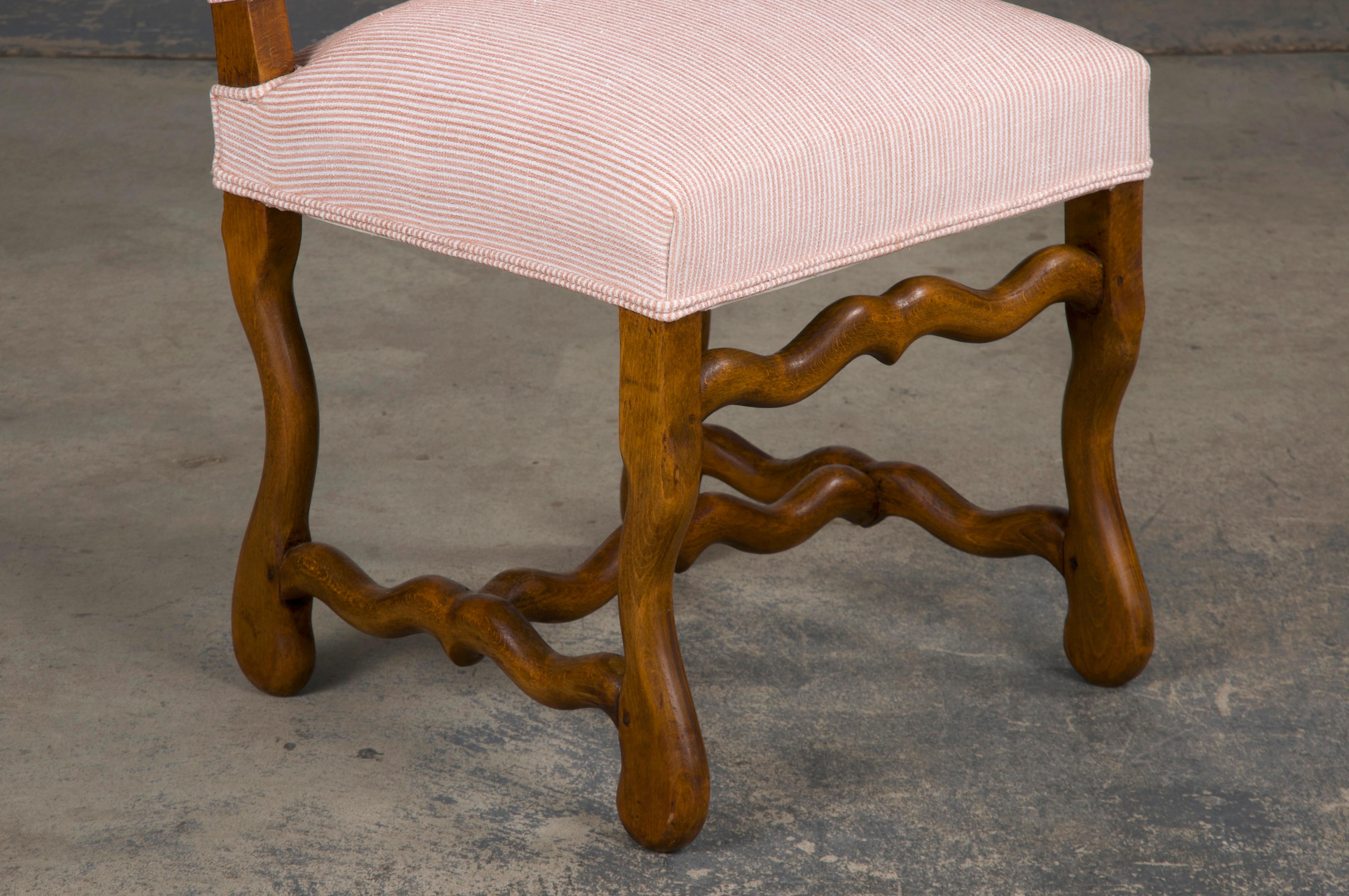 Antique French Louis XIII Style Oak Dining Chairs W/ Striped Chenille- Set of 6 For Sale 2
