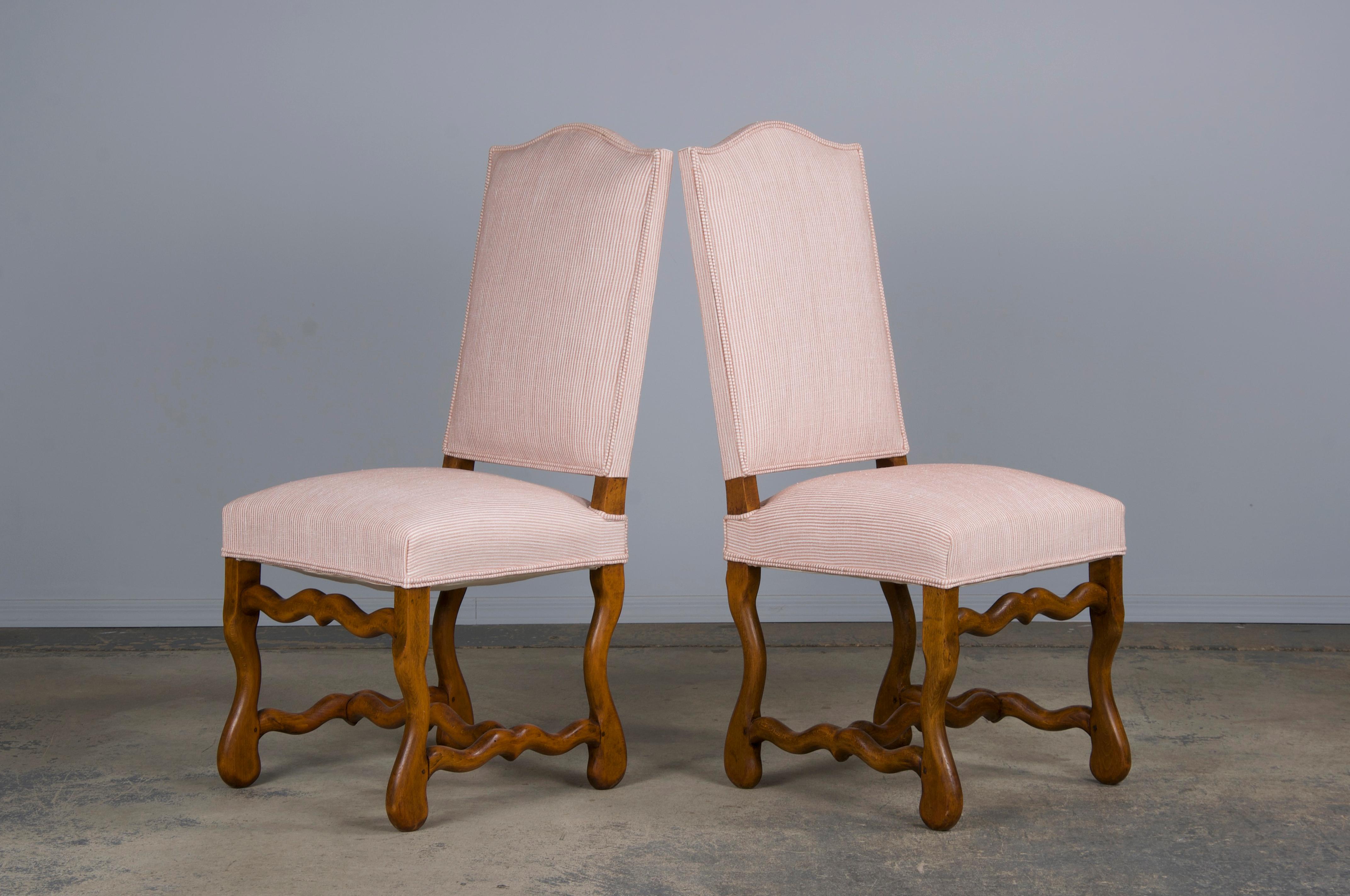 Antique French Louis XIII Style Oak Dining Chairs W/ Striped Chenille- Set of 6 For Sale 3