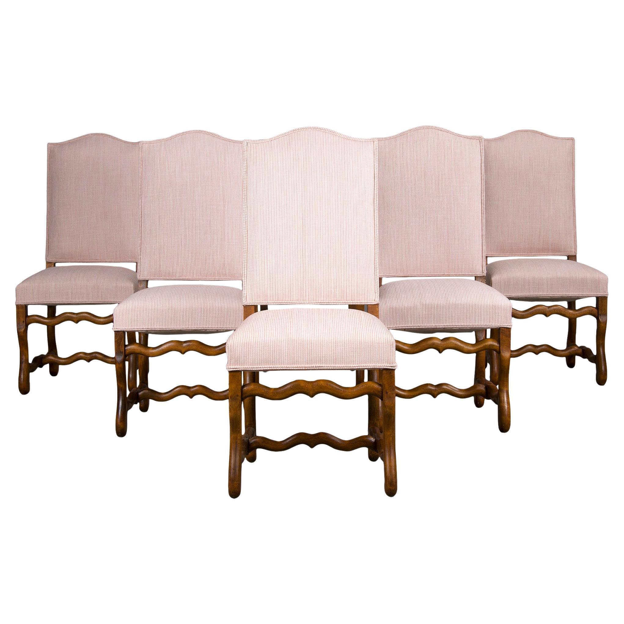 Antique French Louis XIII Style Oak Dining Chairs W/ Striped Chenille- Set of 6 For Sale