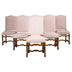 Antique French Louis XIII Style Oak Dining Chenille W/ Striped - Set of 6