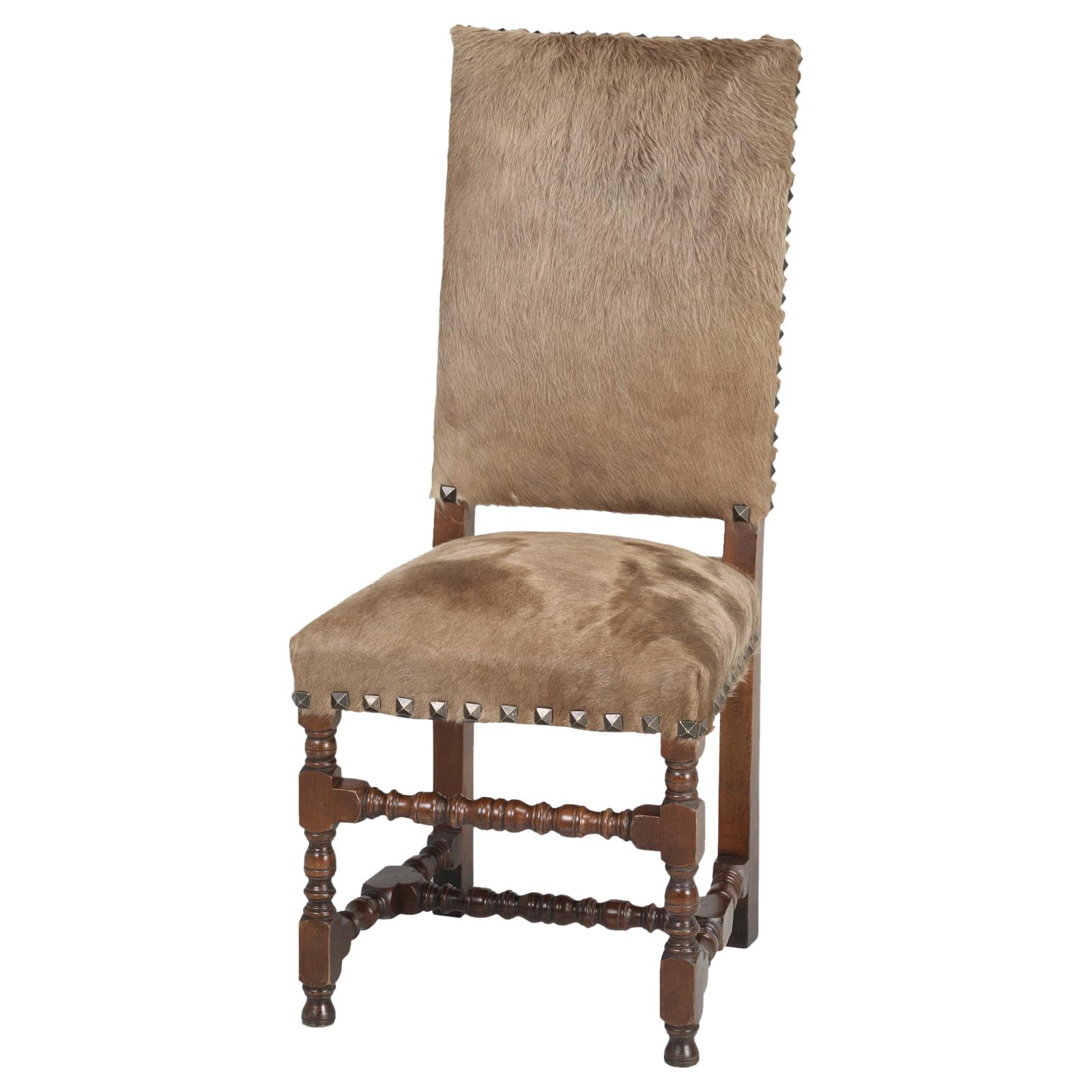Antique French Louis XIII Style Side Chair Covered in Cow Fur on Hide