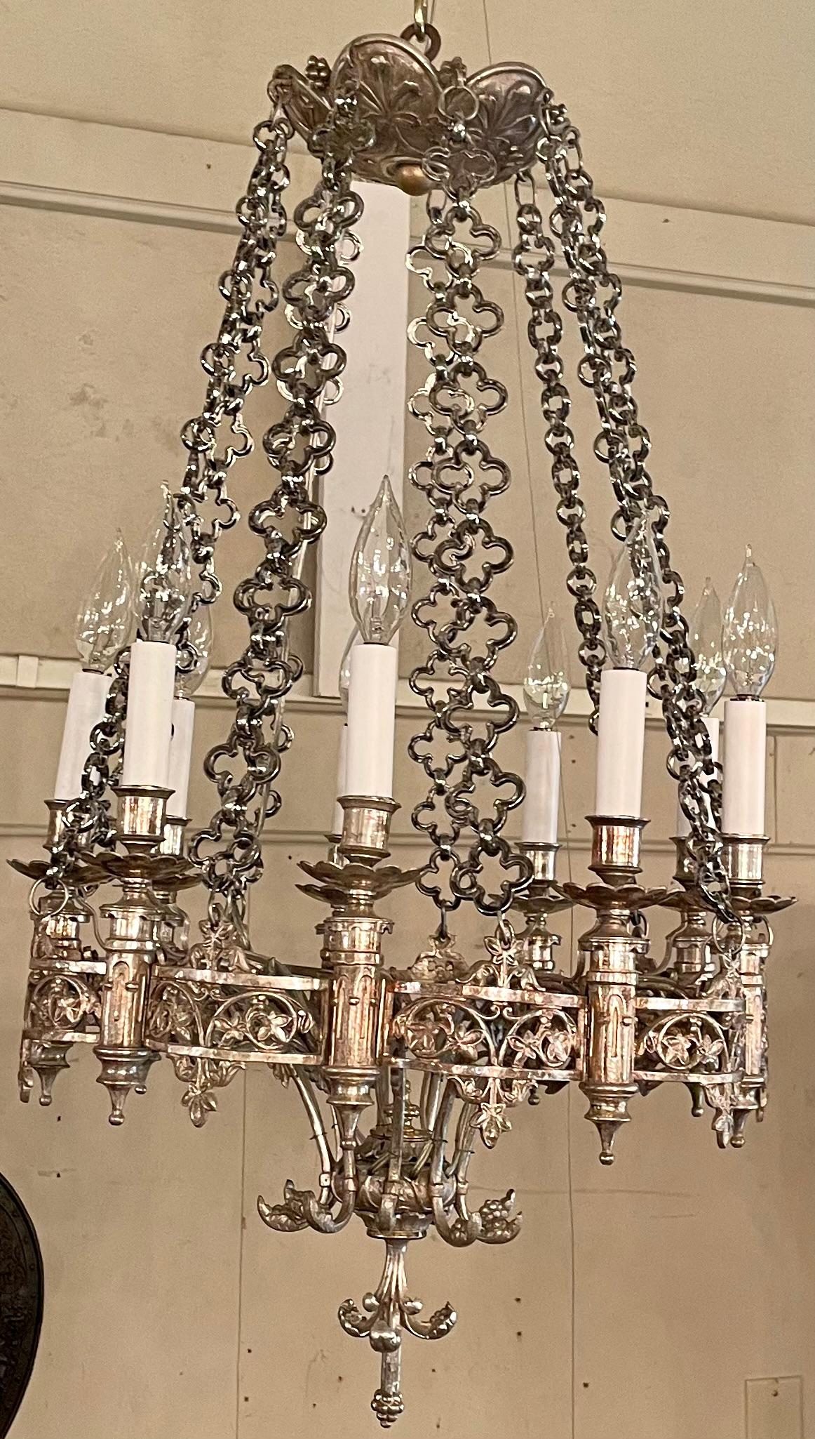 Antique French Louis XIII Style Silvered Bronze 9 Light Chandelier, Circa 1890's.