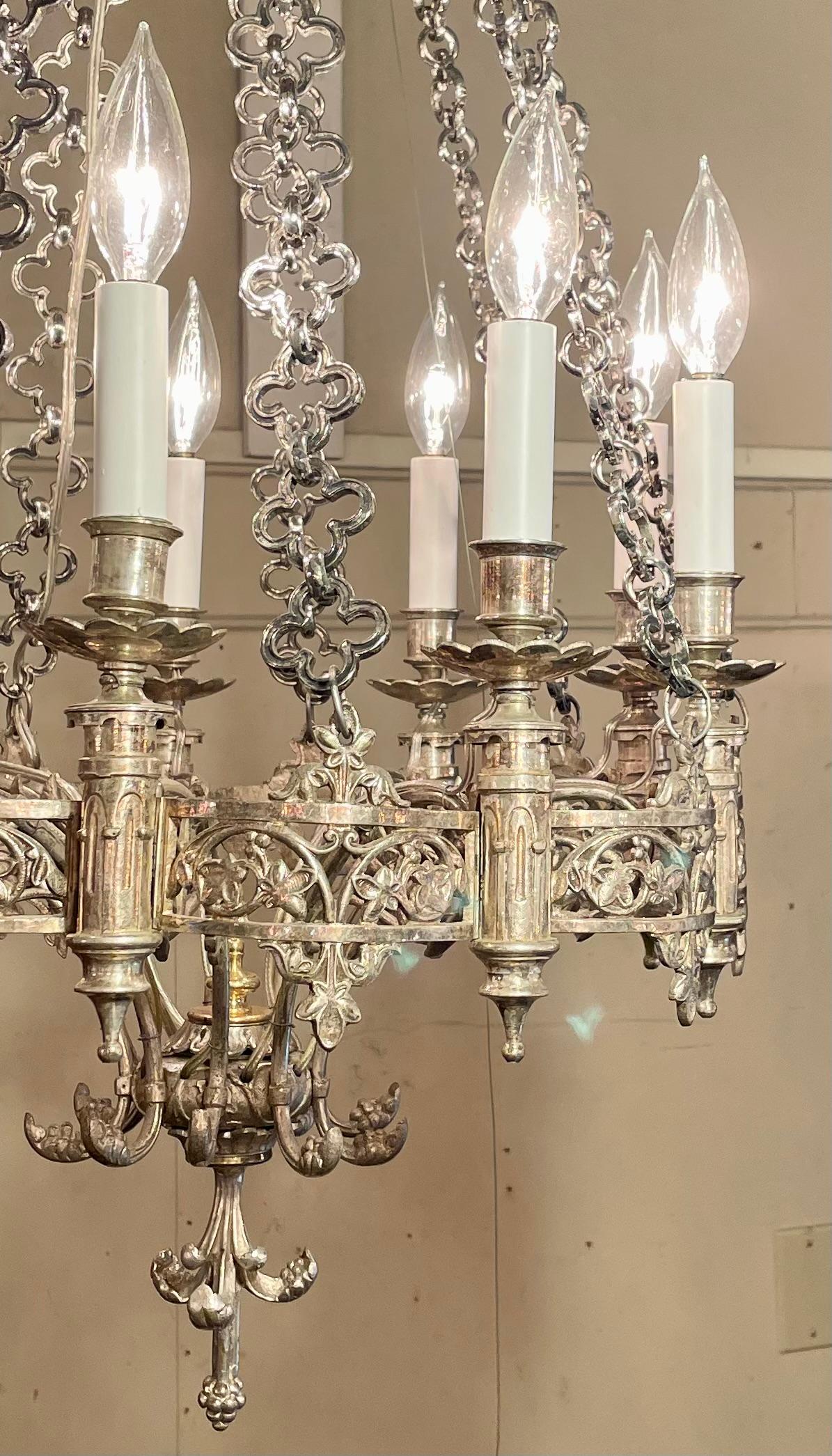 Antique French Louis XIII Style Silvered Bronze 9 Light Chandelier, Circa 1890's In Good Condition For Sale In New Orleans, LA