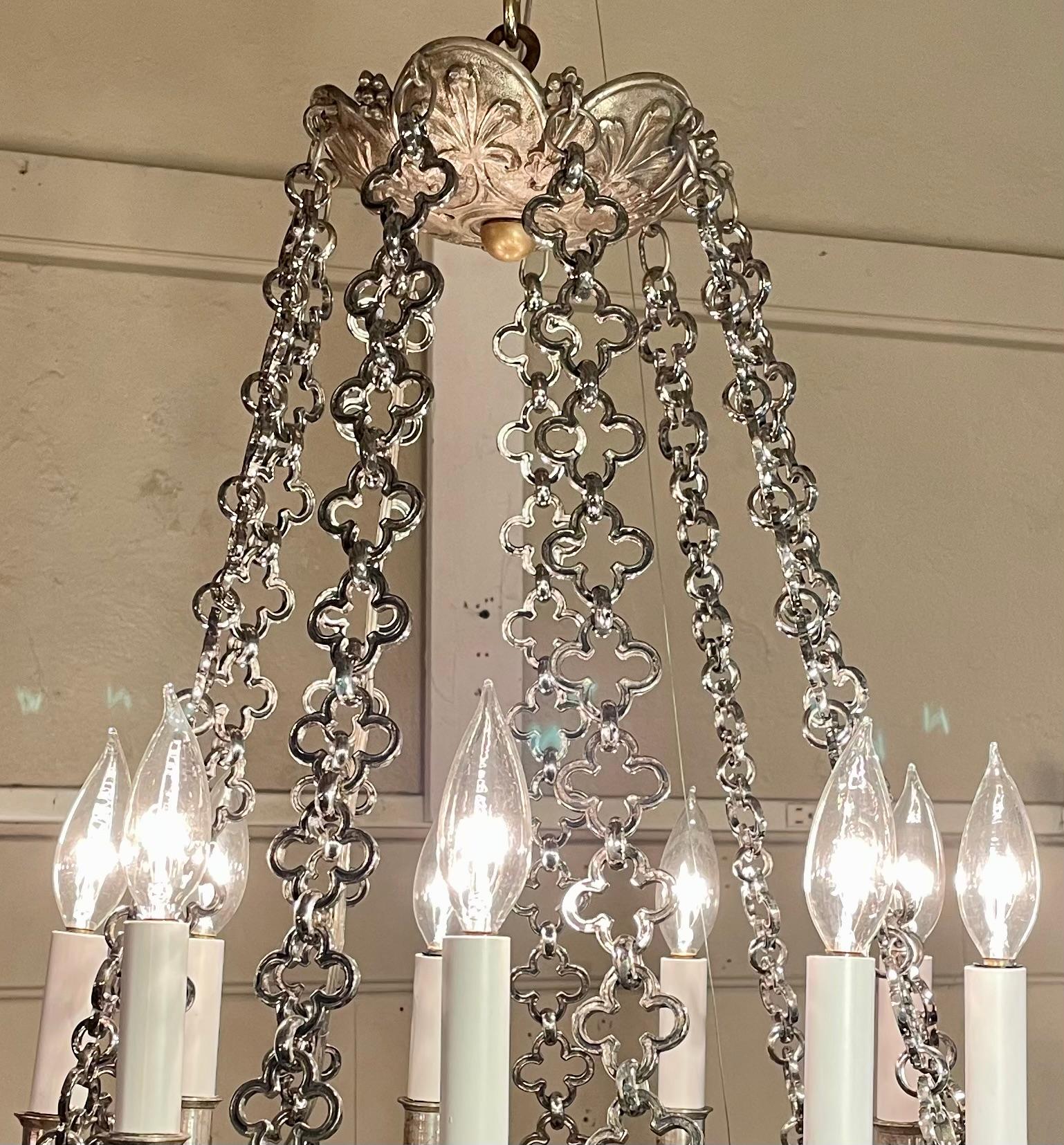 19th Century Antique French Louis XIII Style Silvered Bronze 9 Light Chandelier, Circa 1890's For Sale