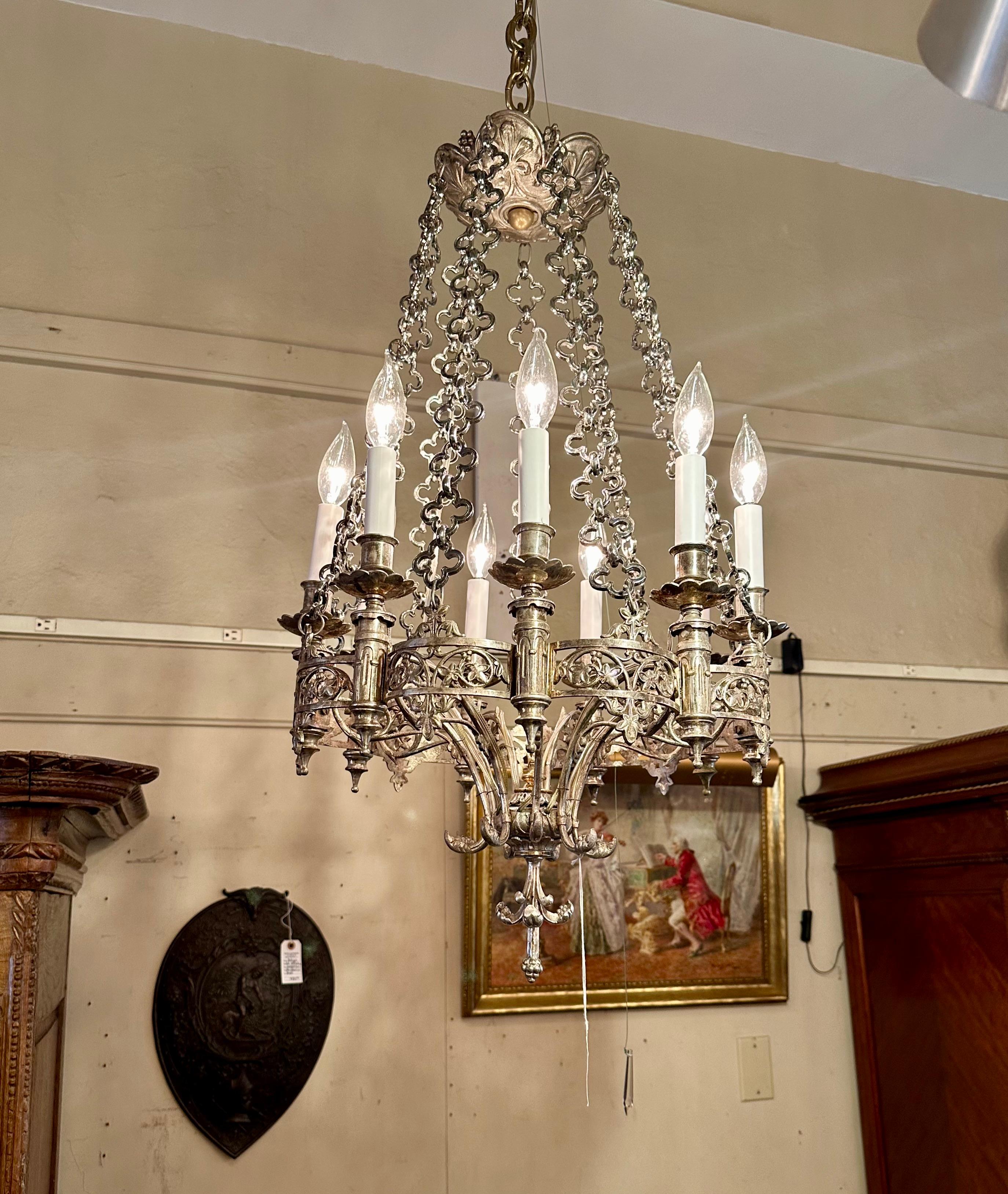 Antique French Louis XIII Style Silvered Bronze 9 Light Chandelier, Circa 1890's For Sale 1