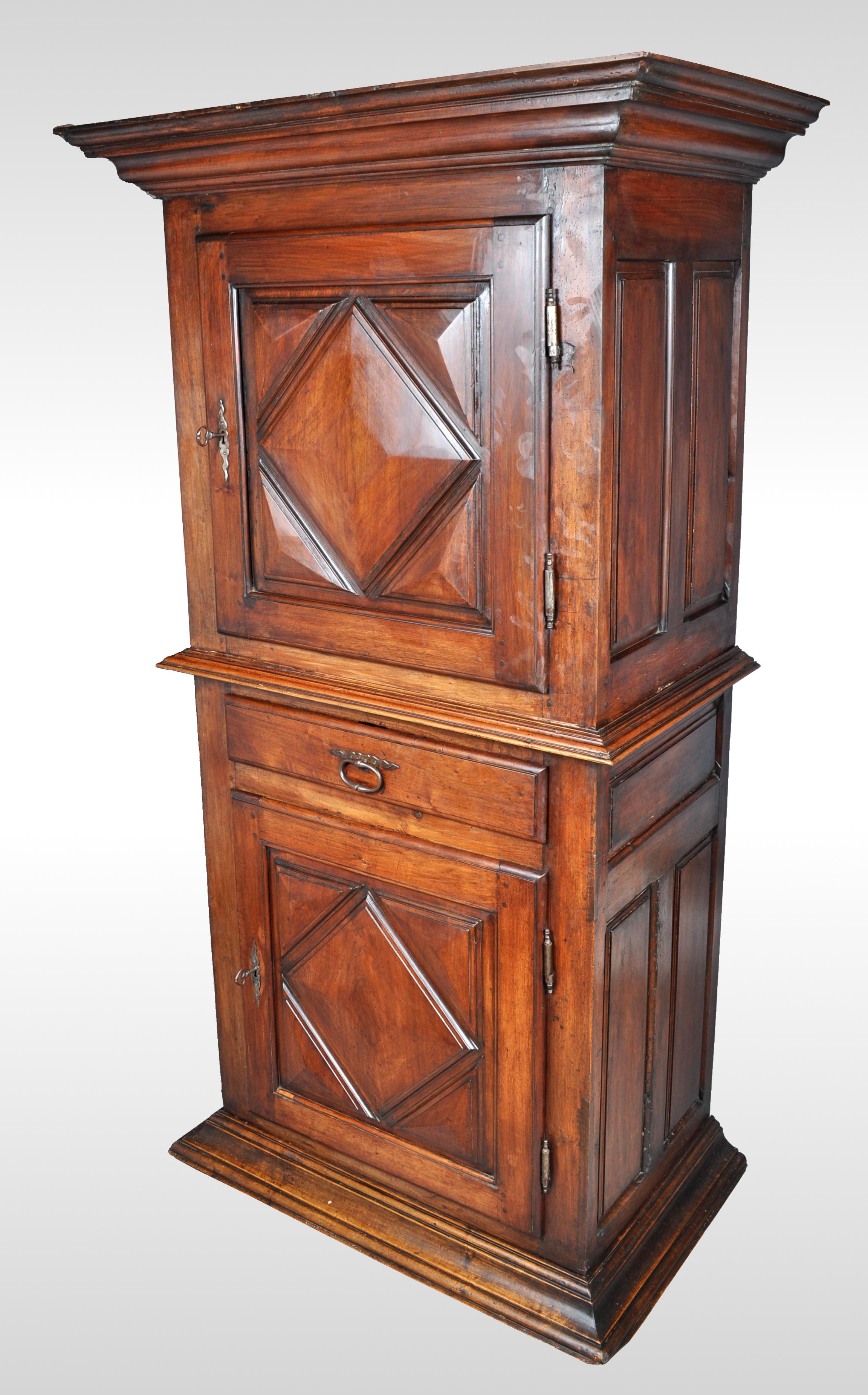 Hand-Carved Antique French Louis XIII Walnut Cabinet / Armoire / Bonnetiere, circa 1750