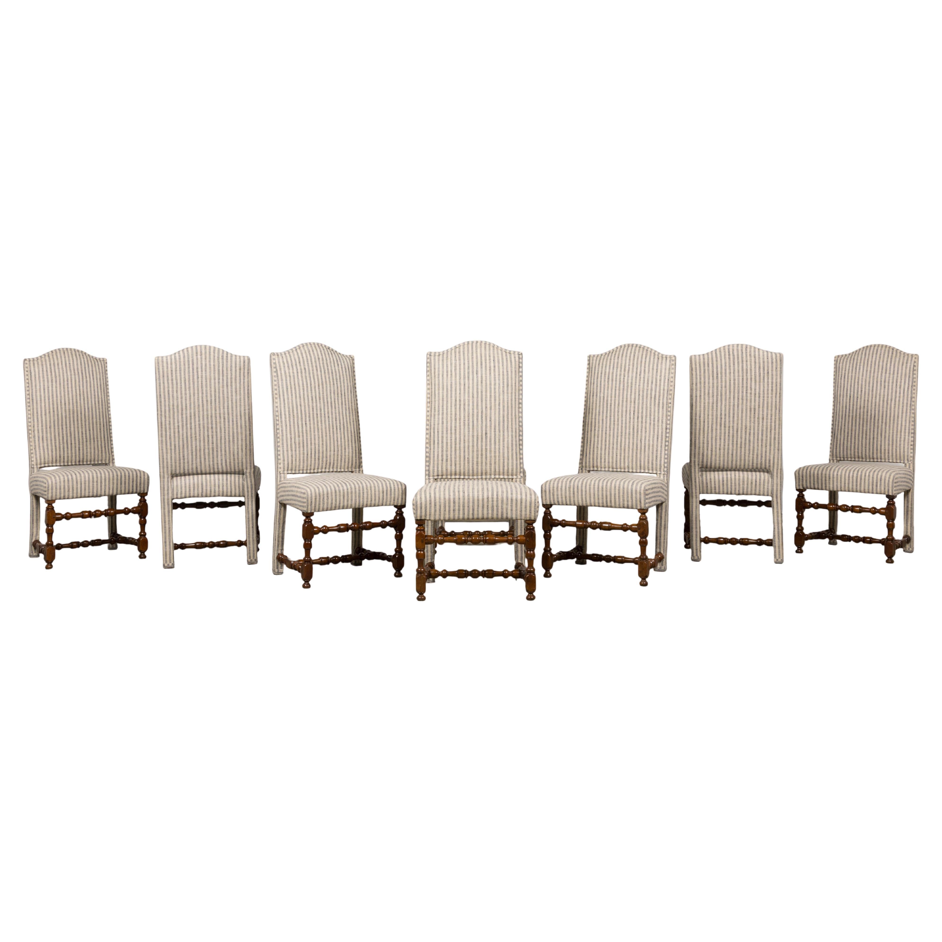 Antique French Louis XIII - Sedie da pranzo in legno di noce a strisce sartoriali - Set di 8 sedie