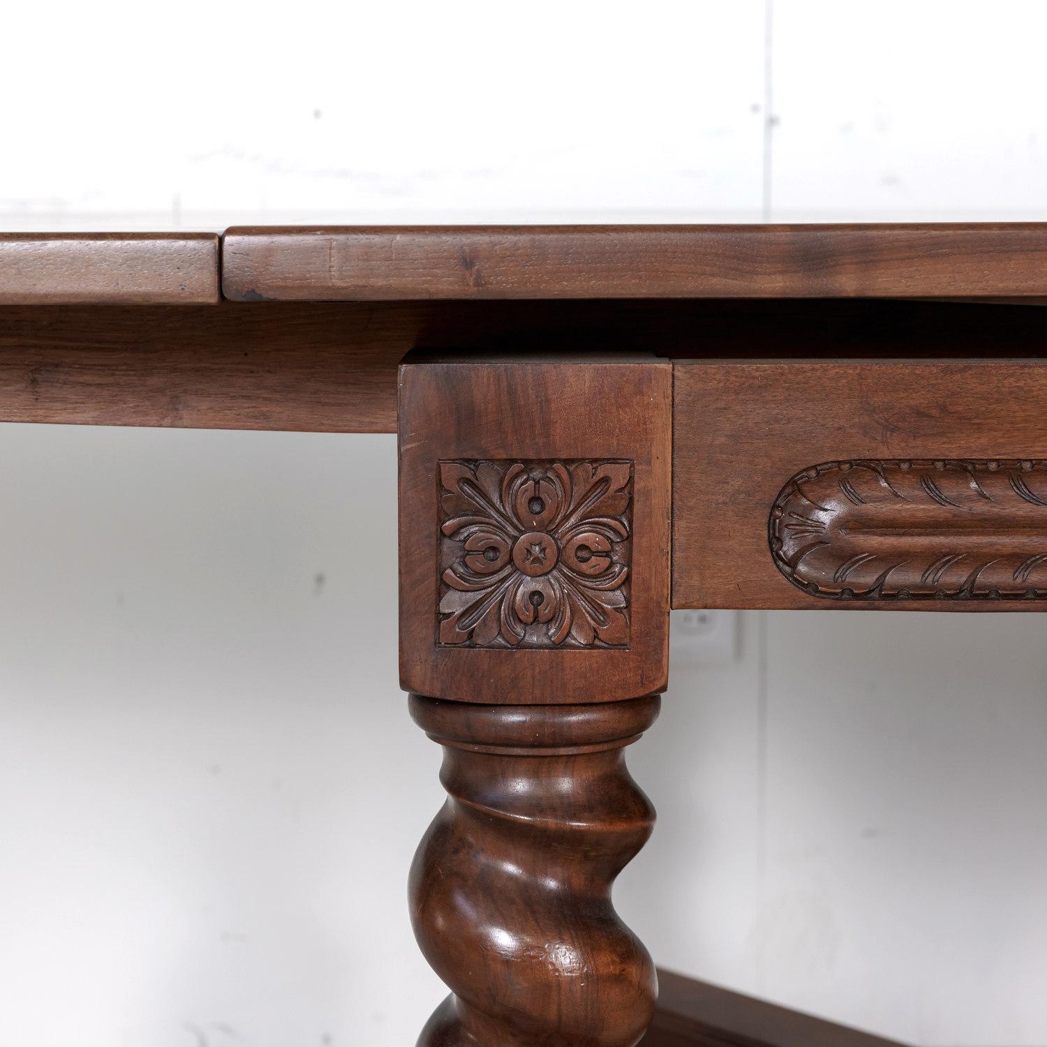 Antique French Louis XIII Walnut Draw Leaf Table with Barley Twist Legs 9