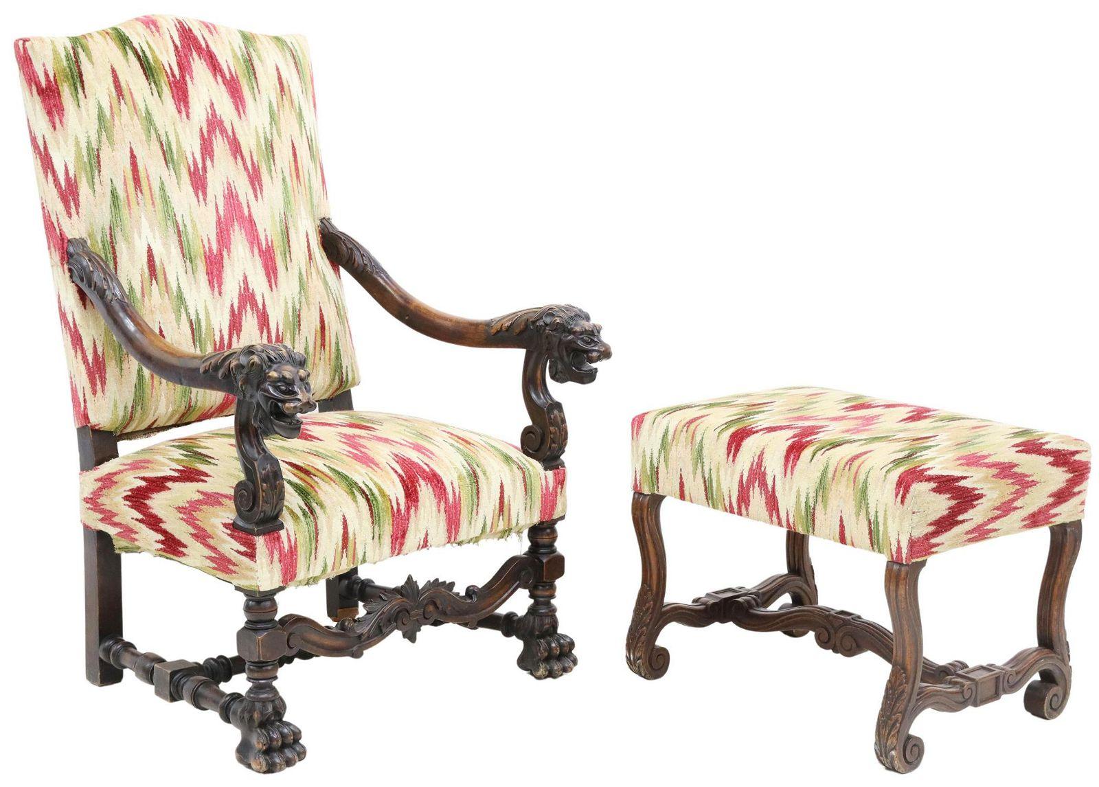 French upholstered armchair and ottoman, 19th c. Baroque style armchair, back and seat in flame stitch style upholstery. The armchair features detailed carved lion's head handholds, rising on turned legs, joined with H stretcher, foliate carved