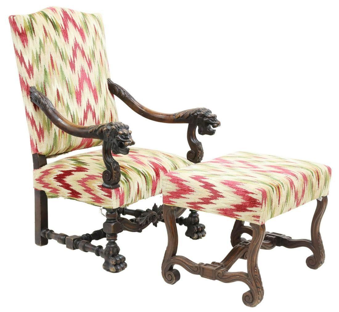 Antique French Louis XIV Baroque Style Upholstery Fauteuil & Ottoman In Good Condition For Sale In Sheridan, CO