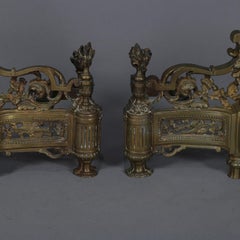 Antique French Louis XIV Brass Fireplace Urn, Scroll and Foliate Chenets