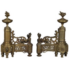 Antique French Louis XIV Brass Fireplace Urn, Scroll and Foliate Chenets