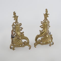 Antique French Louis XIV Bronze Foliate Form Fireplace Andiron Chenets C1890