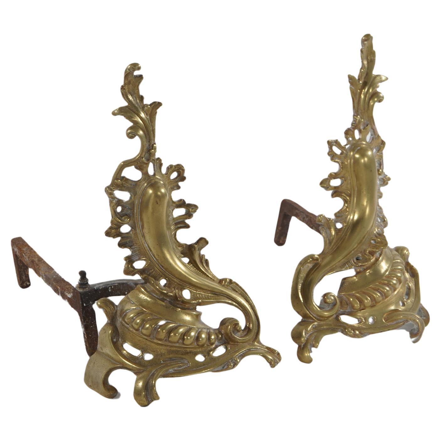 Chenets de cheminée français anciens Louis XIV en bronze en forme de feuillage, vers 1890 en vente