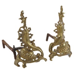 Antique French Louis XIV Bronze Foliate Form Fireplace Andiron Chenets C1890