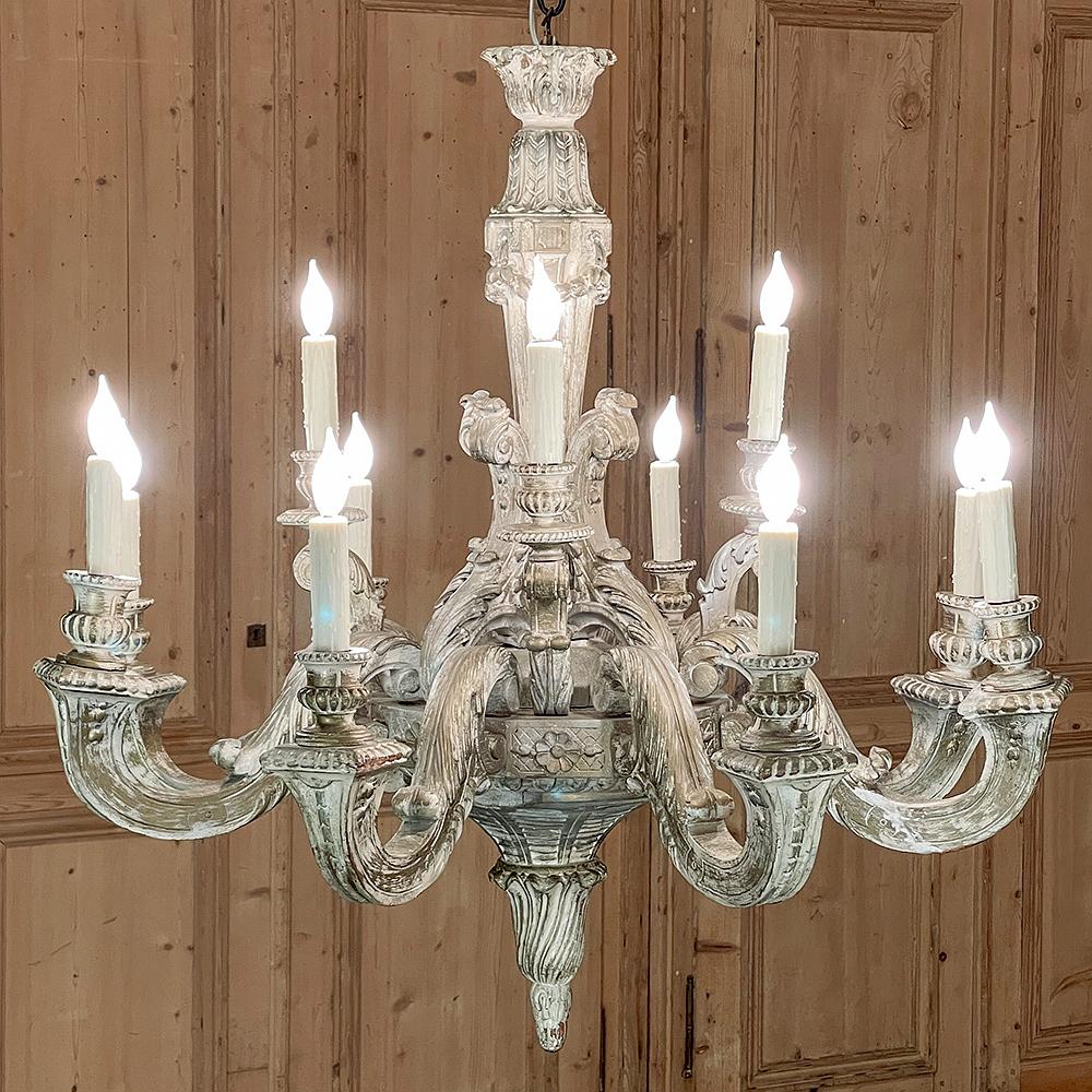 Antique French Louis XIV Carved & Painted Wood Chandelier In Good Condition In Dallas, TX