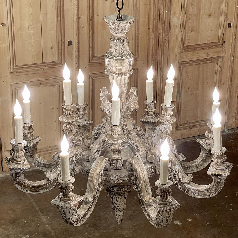 20th Century Antique French Louis XIV Carved & Painted Wood Chandelier
