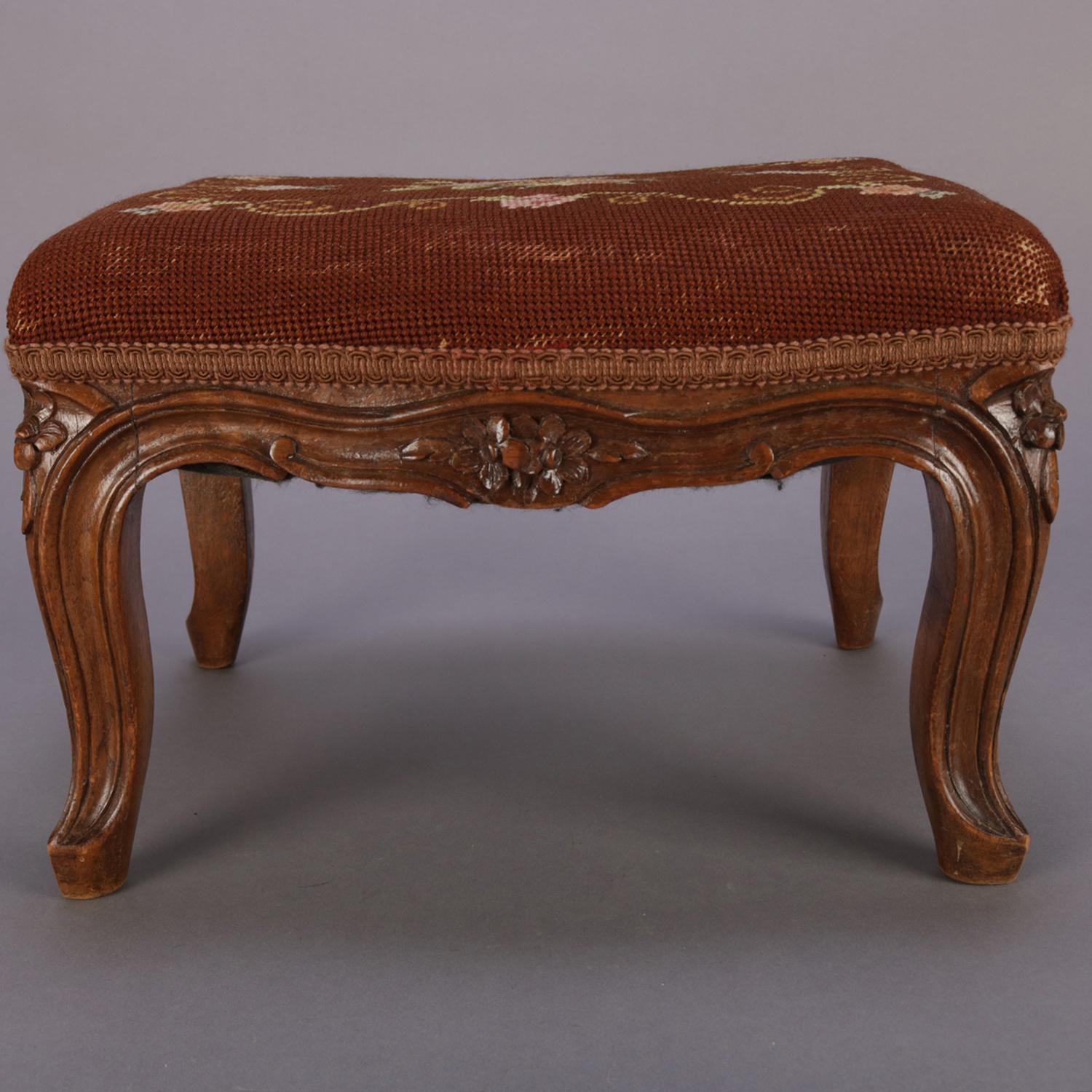 Antique French Louis XIV Carved Walnut and Floral Tapestry Footstool, circa 1890 1