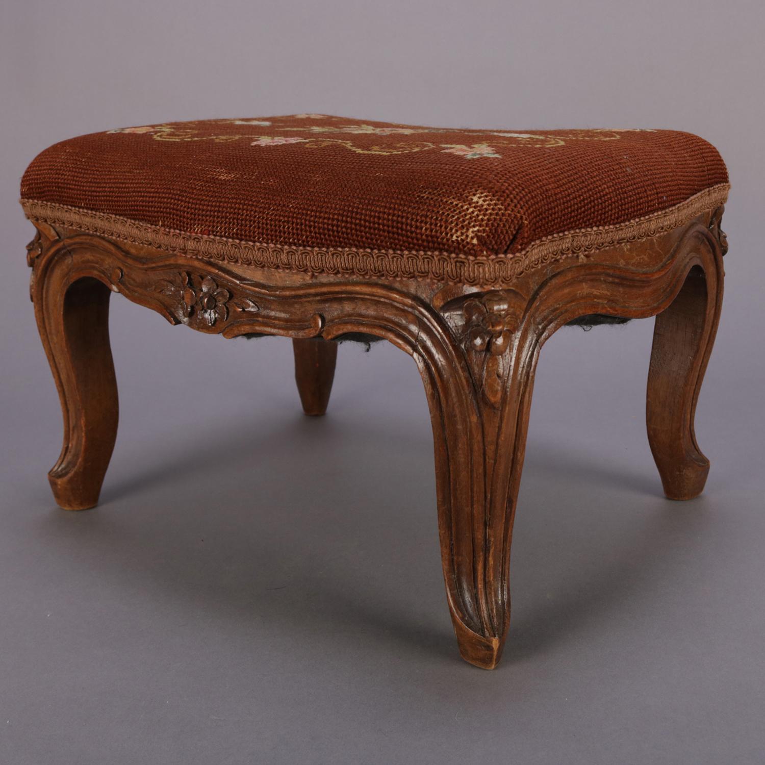 Antique French Louis XIV Carved Walnut and Floral Tapestry Footstool, circa 1890 2