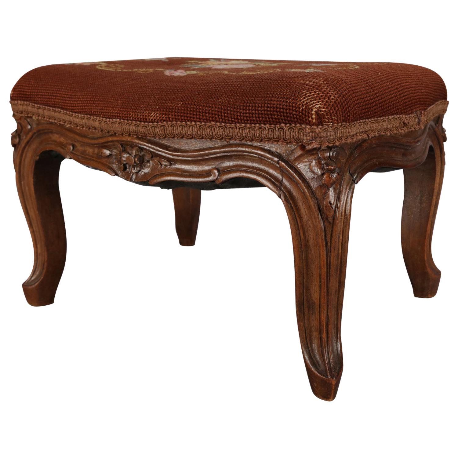 Antique French Louis XIV Carved Walnut and Floral Tapestry Footstool, circa 1890