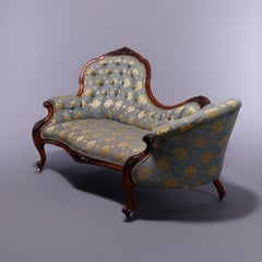 Antique French Louis XIV Carved Walnut Button Back Upholstered Recamier, 19th C