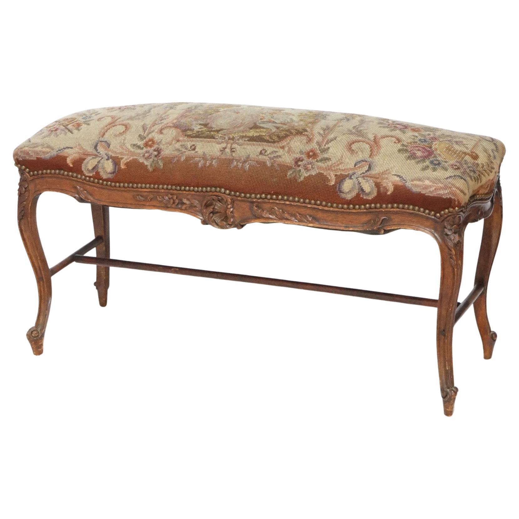 19th Century French Louis XIV Carved Walnut Piano Bench with Silk