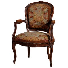 Antique French Louis XIV Carved Walnut & Needlepoint Fauteuil, 19th Century