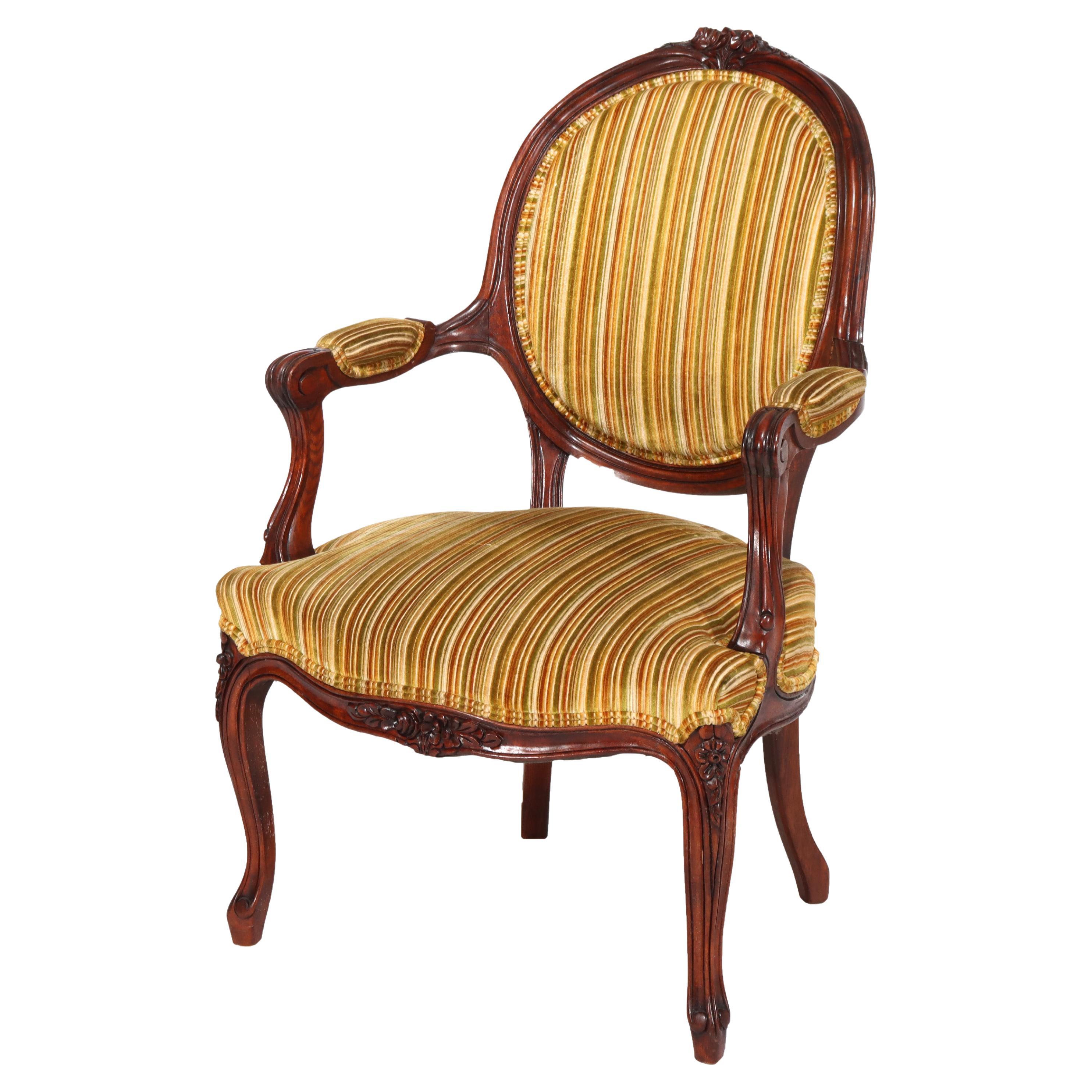 Antique French Louis XIV Carved Walnut & Upholstered Parlor Armchair C1880