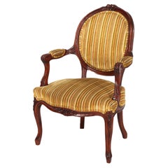 Antique French Louis XIV Carved Walnut & Upholstered Parlor Armchair C1880